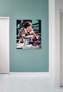 Modern figurative painting with two women retro orange turquoise "Small Talk"