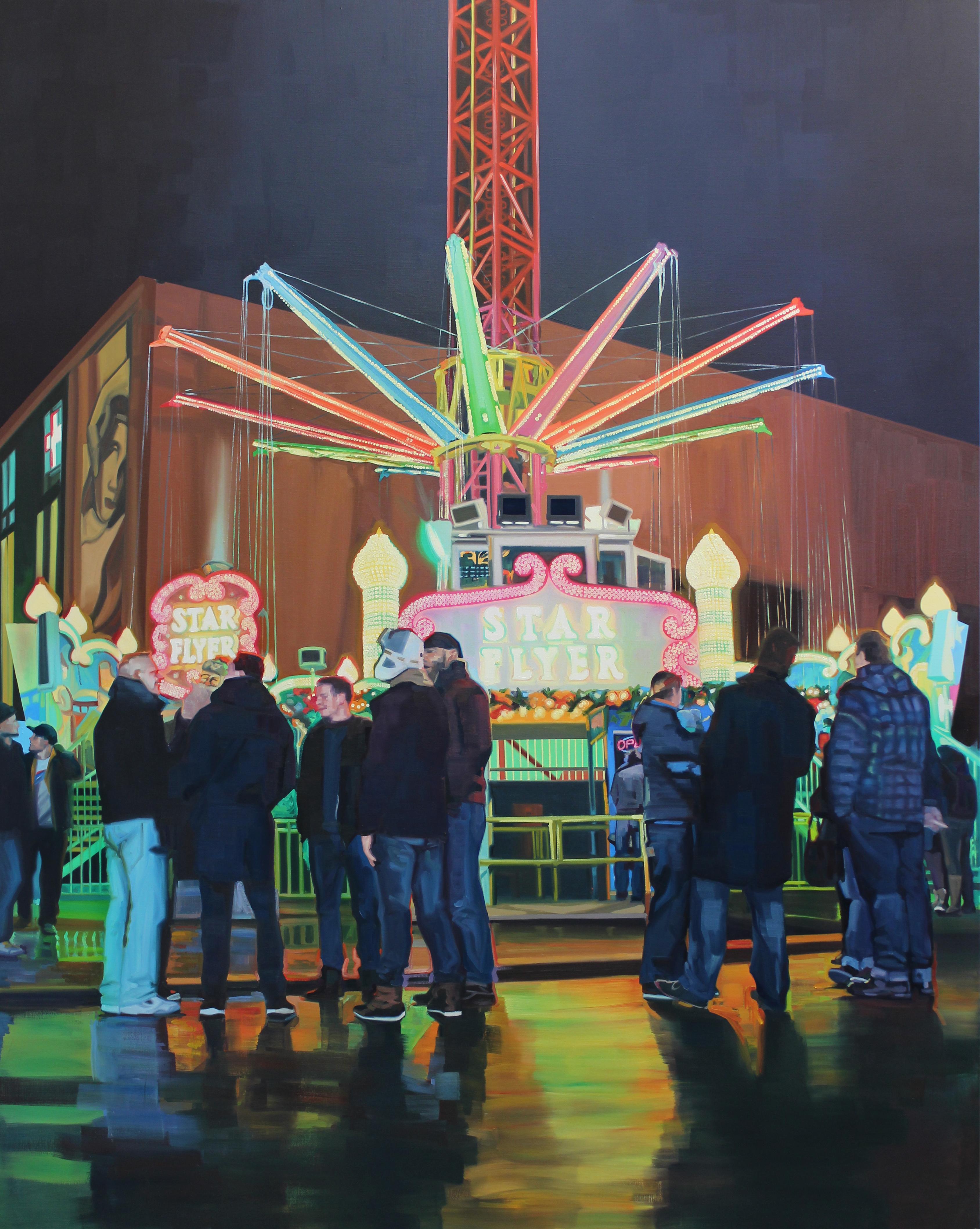 Large scale figurative canvas by British artist Cameron Rudd, which depicts a night scene of the winter fairgrounds at Alexanderplatz in Berlin. Cameron Rudd is an established artist who lives and works in Berlin.

If you are interested in this