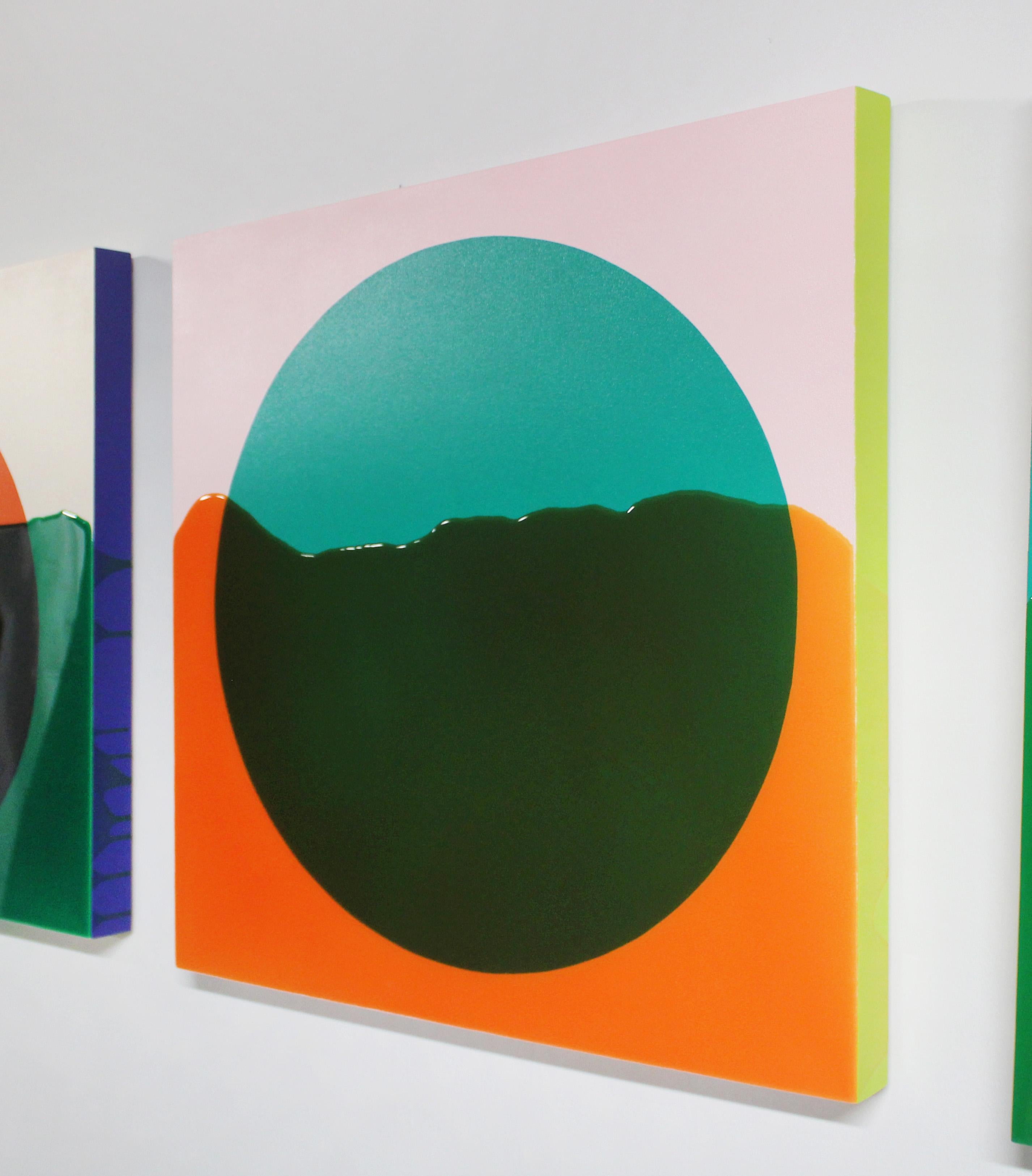 This abstract contemporary resin painting by Cameron Wilson Ritcher features a geometric style and a bright green, pink, and orange palette. A teal green circle is at the center of the composition with a light pink background. Vibrant, highly