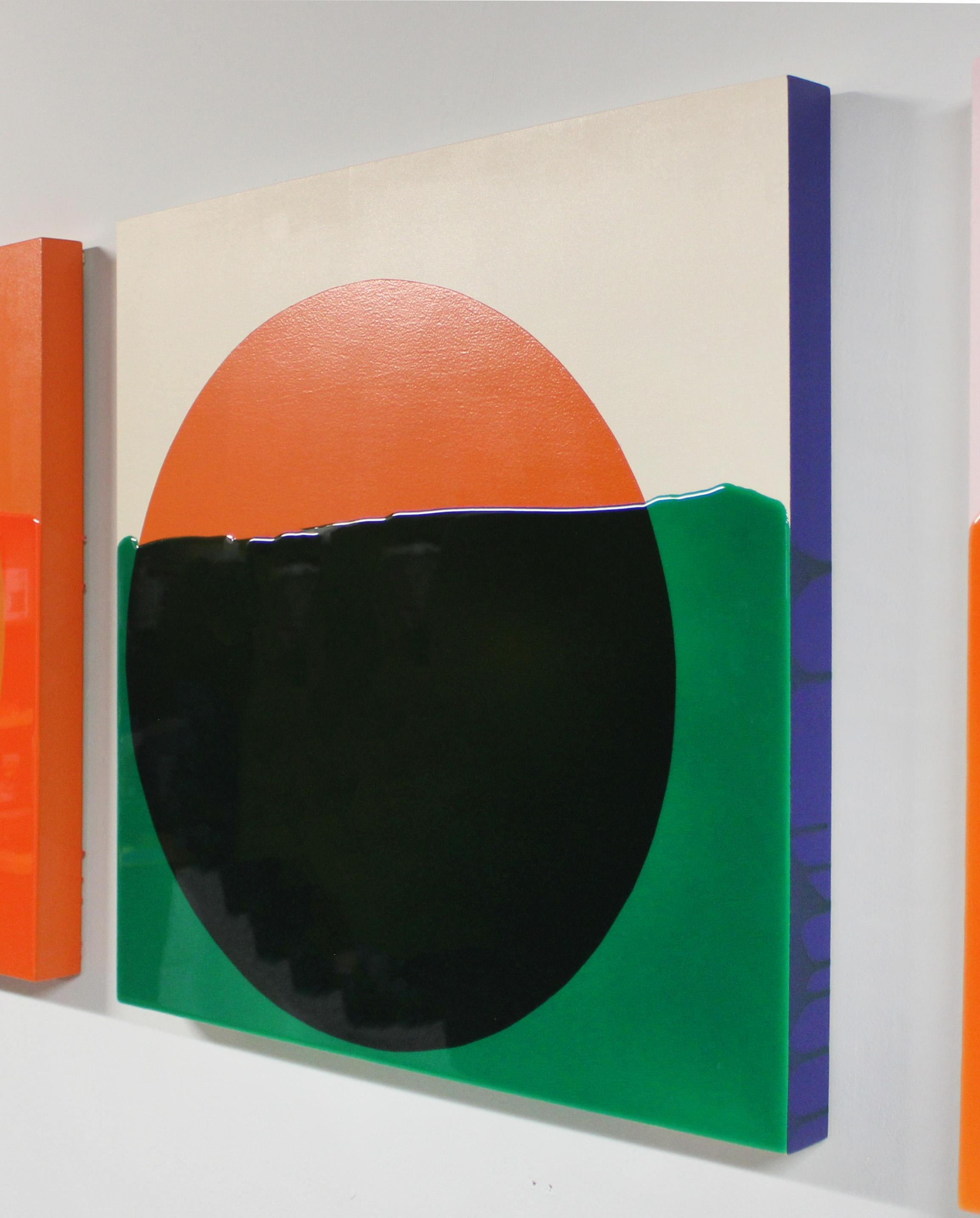 This abstract contemporary resin painting by Cameron Wilson Ritcher features a geometric style and a bright orange, green, black, and beige palette. An orange circle is at the center of the composition, slightly off-center to the left, with a beige
