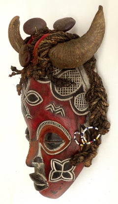 Cameroon Bamileke Tribal Carved Horned Mask Embellished with Sea Beans & Beads