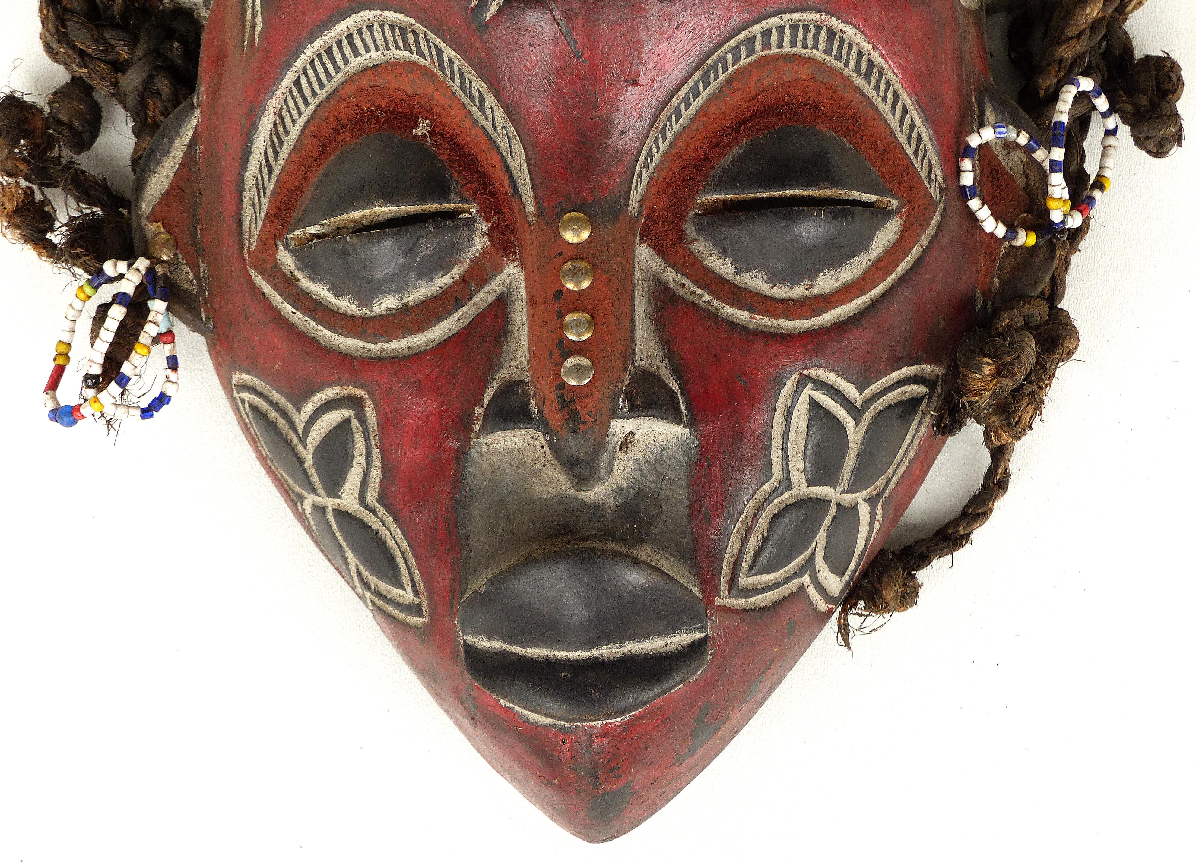 Cameroonian Cameroon Bamileke Tribal Carved Horned Mask Embellished with Sea Beans & Beads