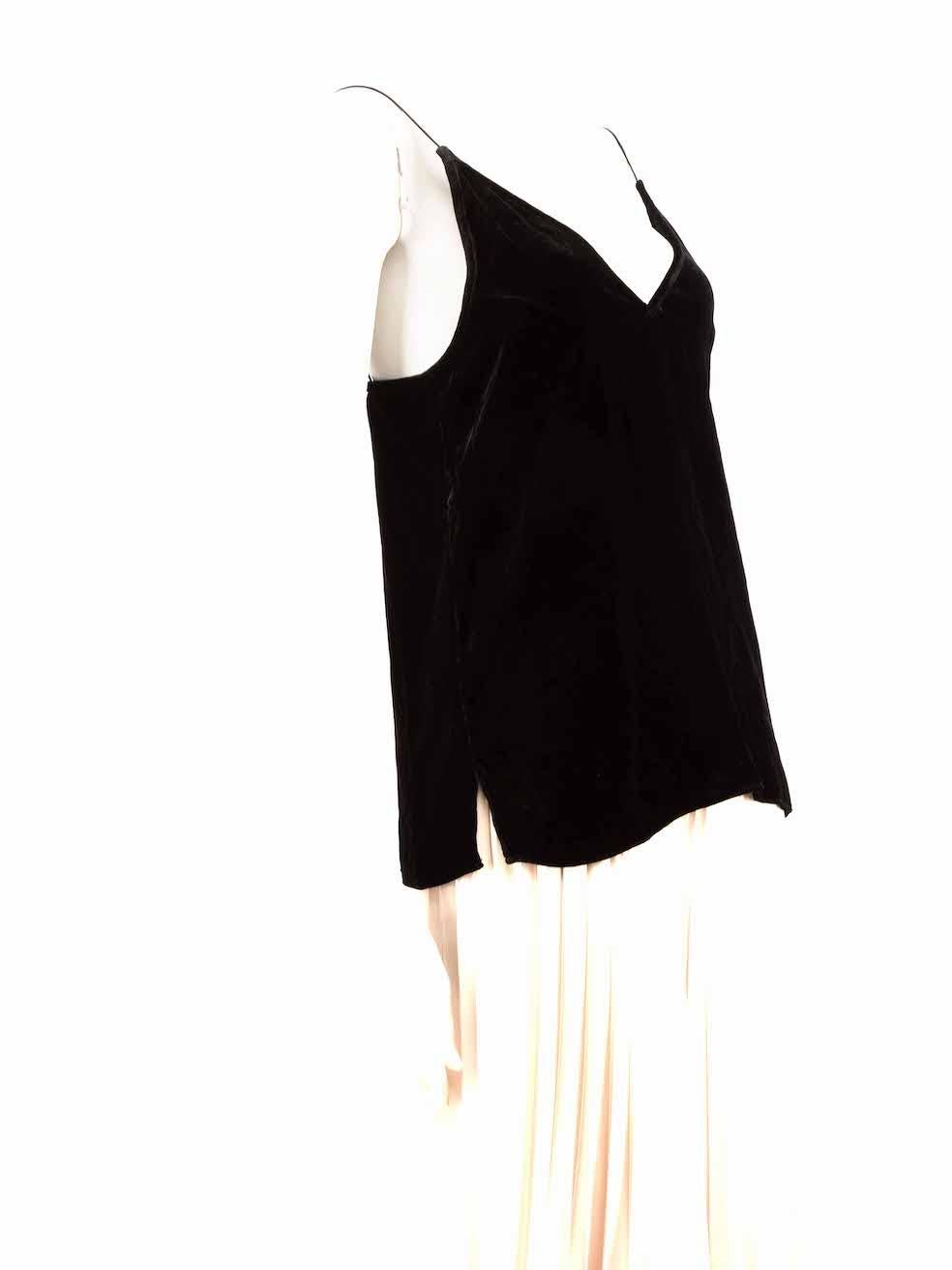 CONDITION is Very good. Hardly any visible wear to top is evident on this used CAMI designer resale item.
 
 Details
 Black
 Velvet
 Tank top
 Spaghetti strap
 V-neck
 
 
 Made in China
 
 Composition
 82% Viscose, 18% Silk
 
 Care instructions: