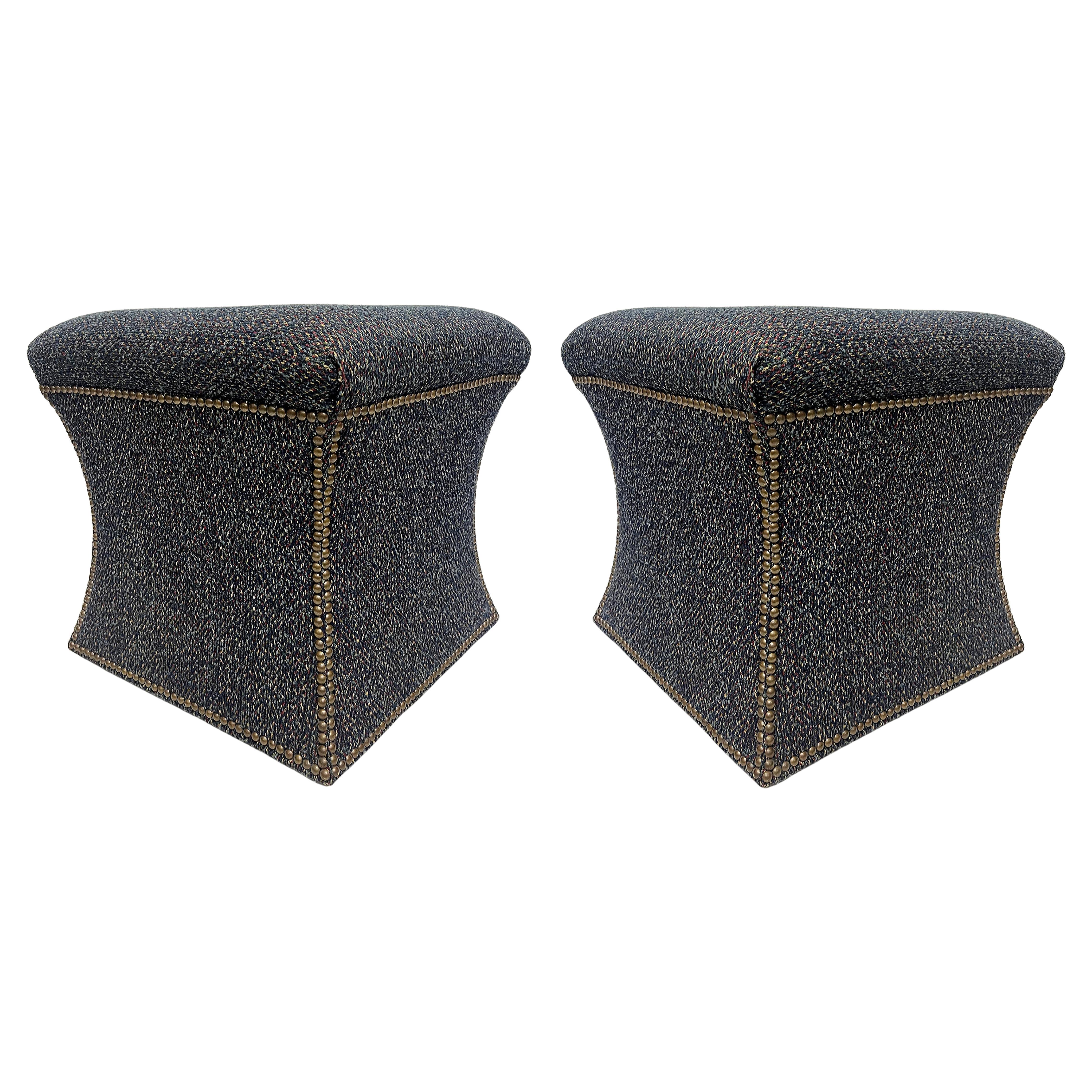 Cami Stools or Ottomans Upholstered with Nail Head Trim, Pair