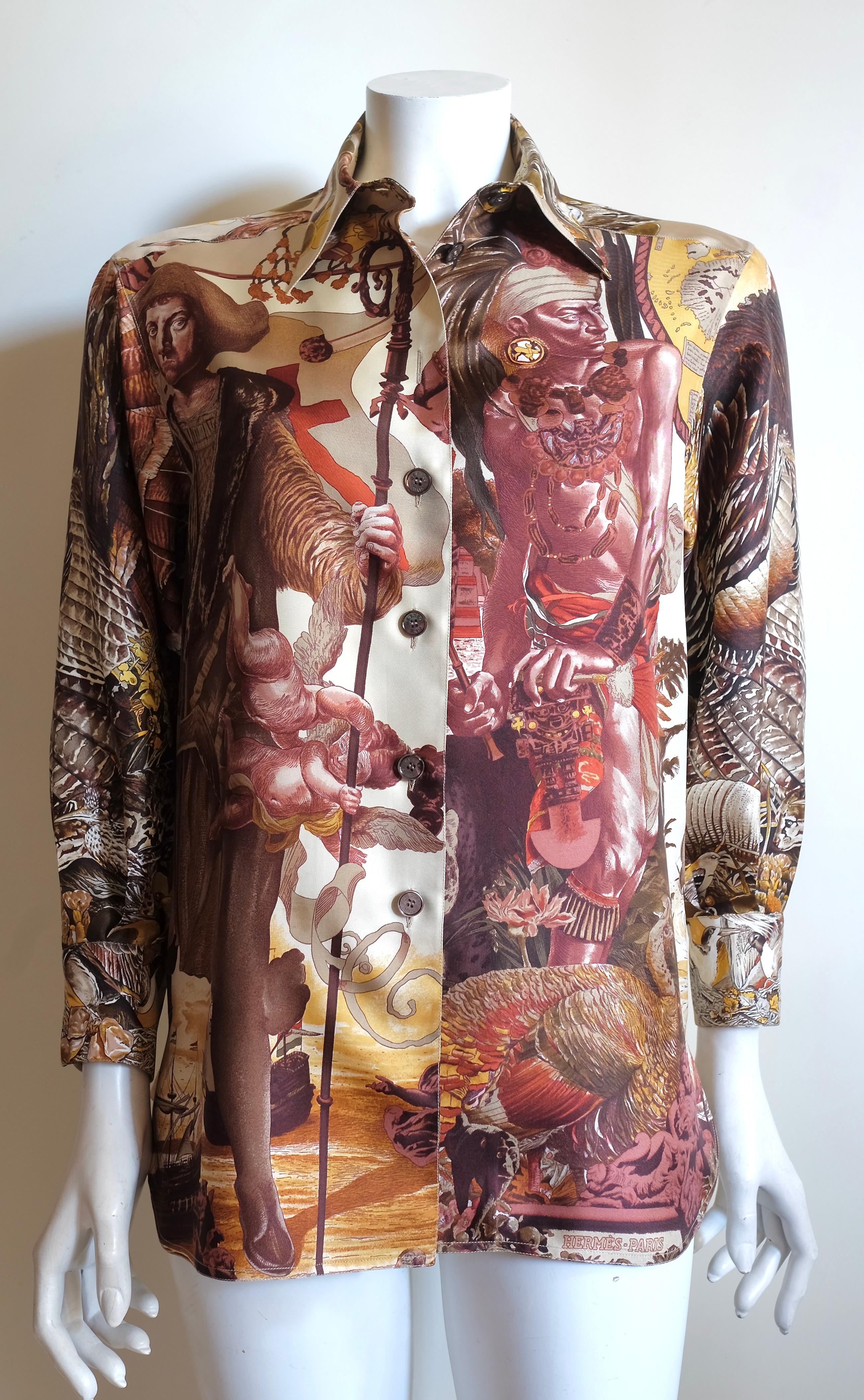 Hermès Vintage Selection by Corrado Luxury - Rare and sought-after pure silk shirt with two Carrè motif by designer Oliver Kermit known and appreciated worldwide for the beauty and complexity of his designs that have become iconic for the Maison -