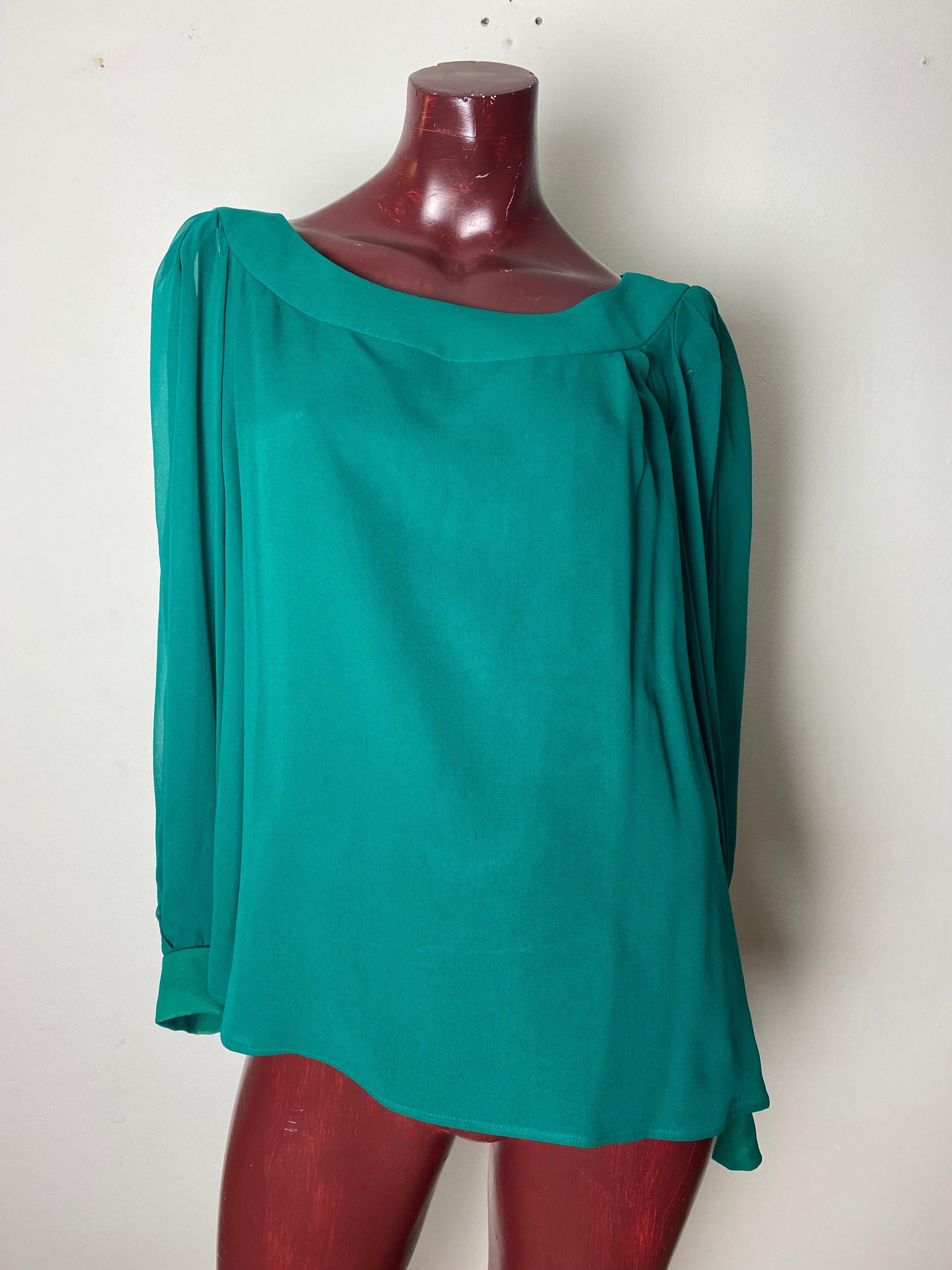 Green silk shirt with stole YSL Rive Gauche In Excellent Condition For Sale In Viareggio, IT