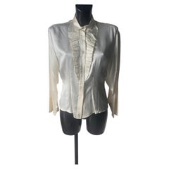 Vintage Ivory Silk Shirt with Front Ruffles and Decorated Cuffs