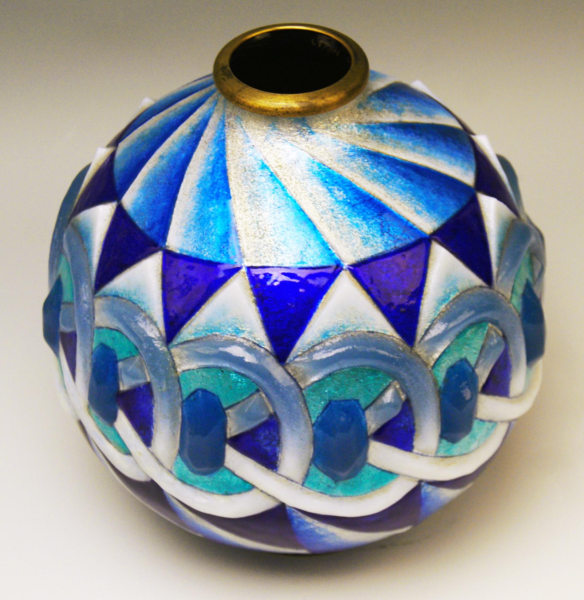 French Camile Fauré Vase Art Deco Copper Enamelled Decorations Limoges France