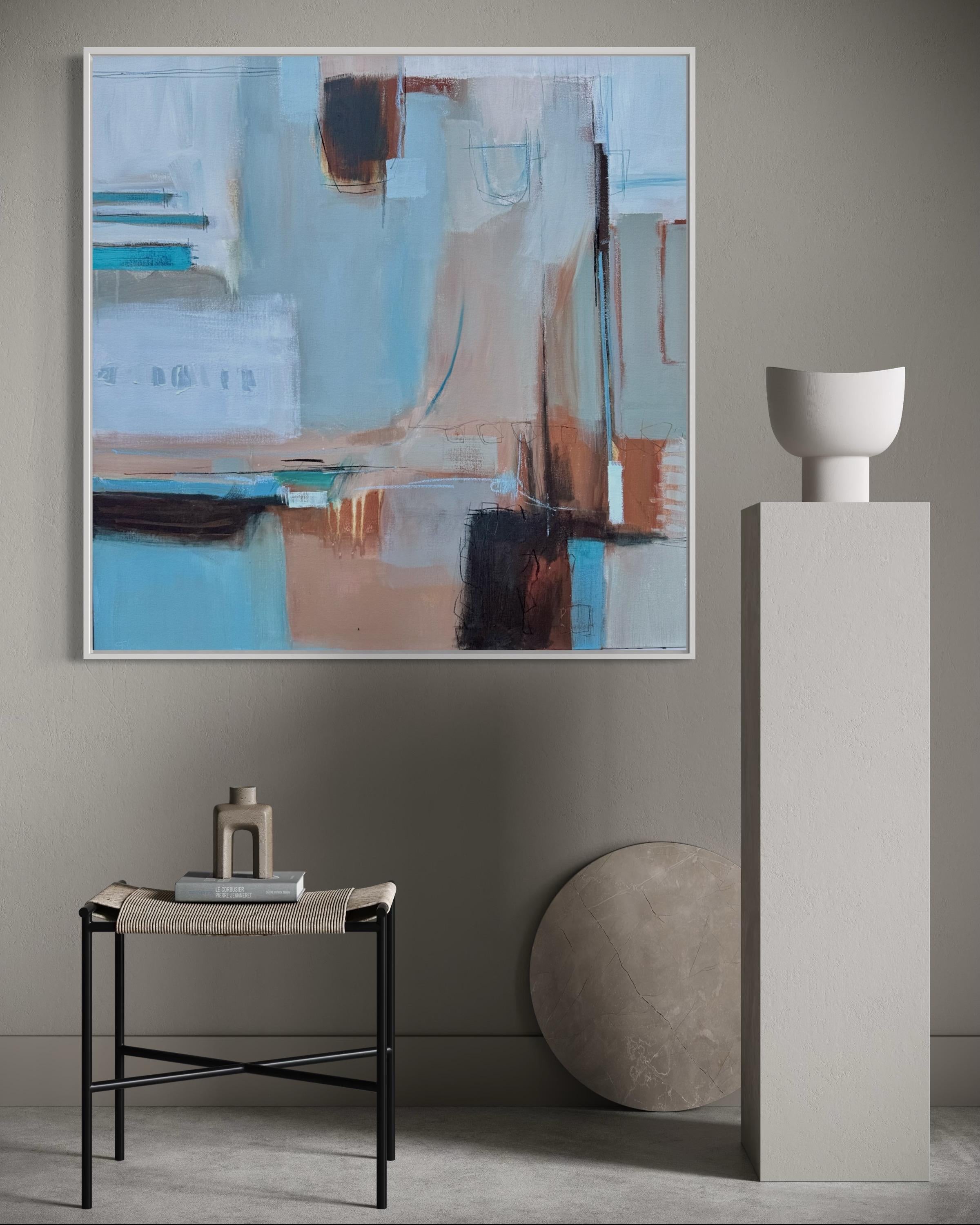 CAMILLA CLARK - My abstract paintings are often an expression of a feeling or an emotion and using the paint to describe on the canvas. This painting is a response to that place where shore and sea meet and the calming tones of blues turquoise and