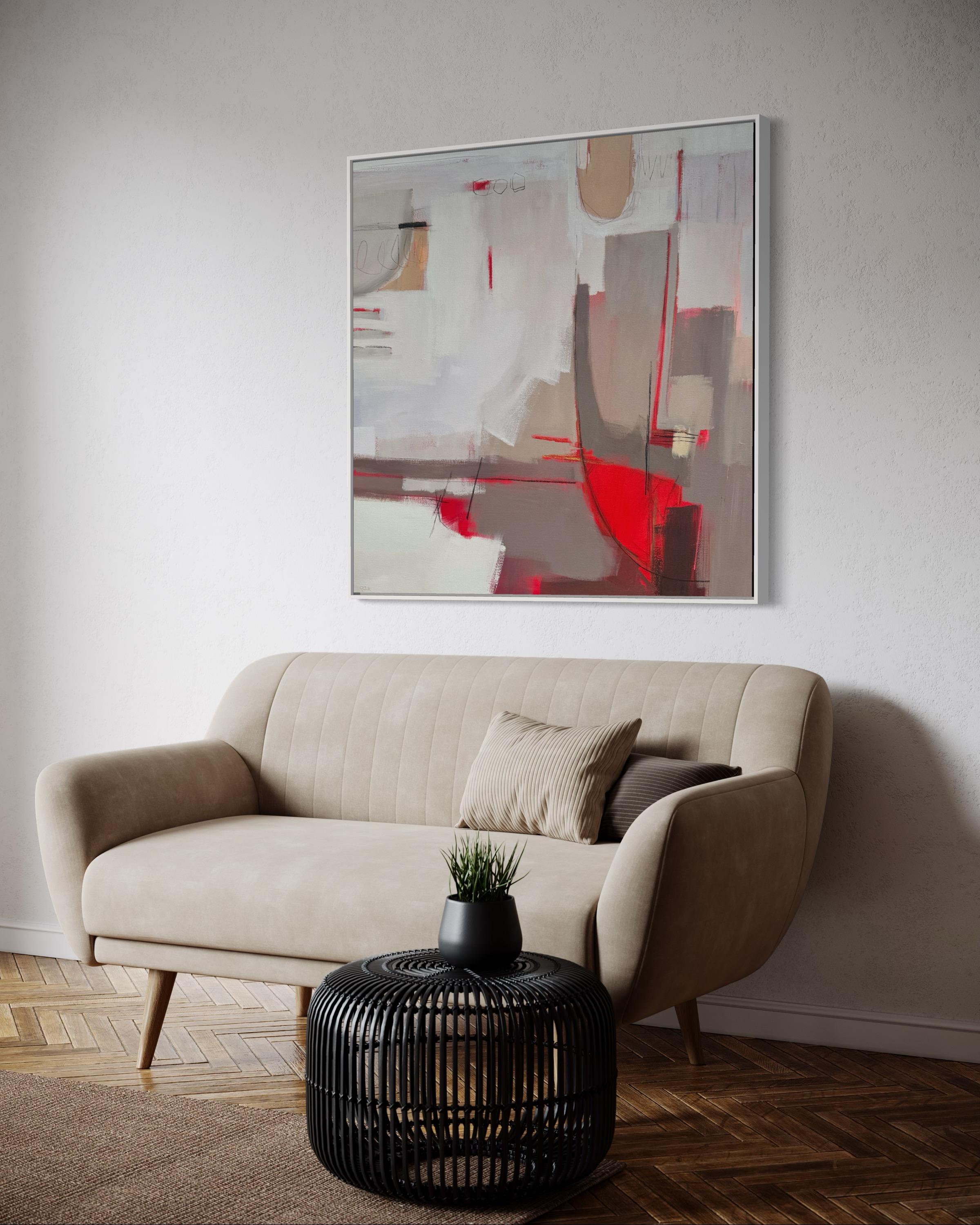 Crimson Whisper, Contemporary, Abstract, Original - Gray Landscape Painting by Camilla Clark
