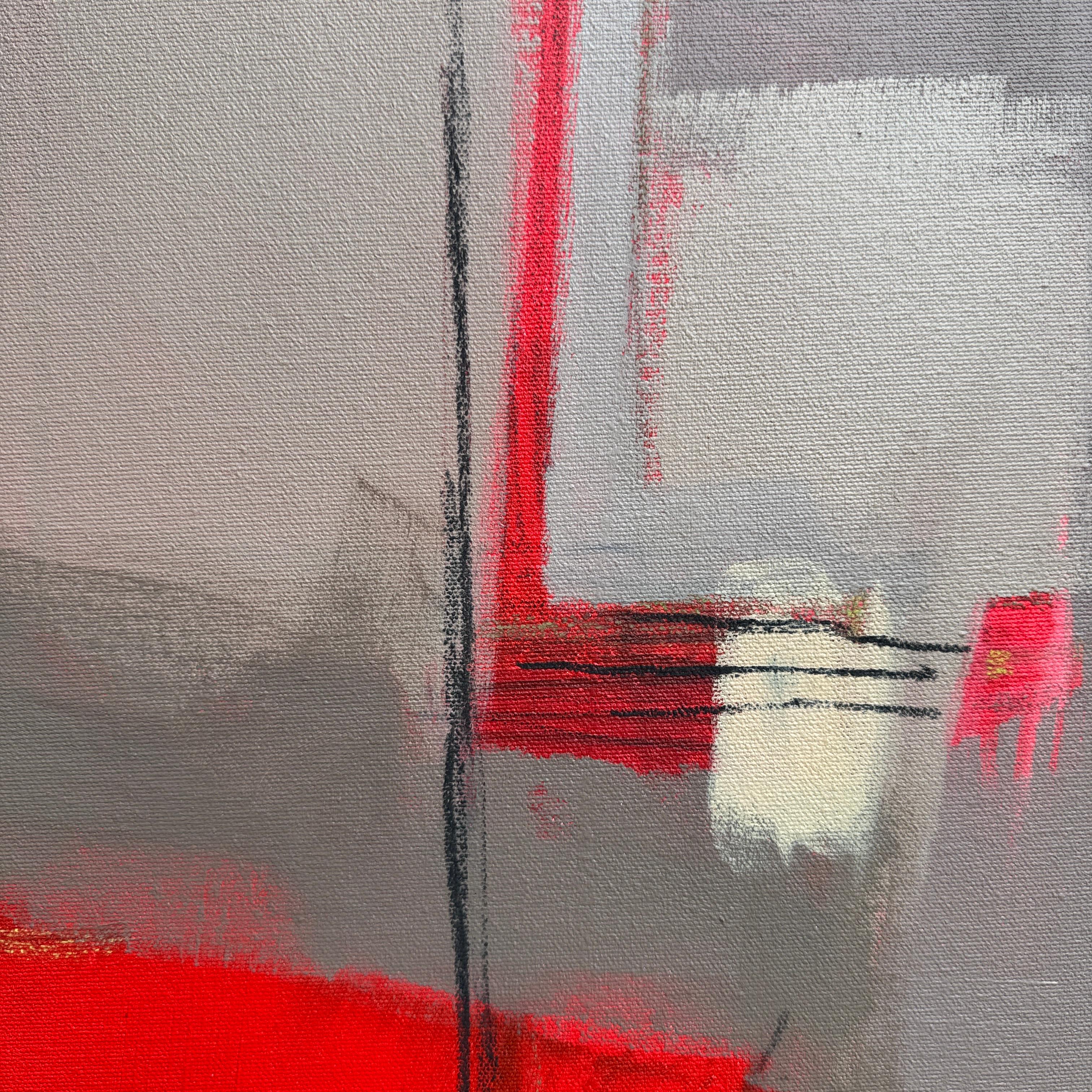 CAMILLA CLARK - My abstract paintings are often an expression of a feeling or an emotion and using the paint to describe on the canvas. The dance of shape, line and the contrast of muted tones with vivid red give this painting the dichotomy alluded