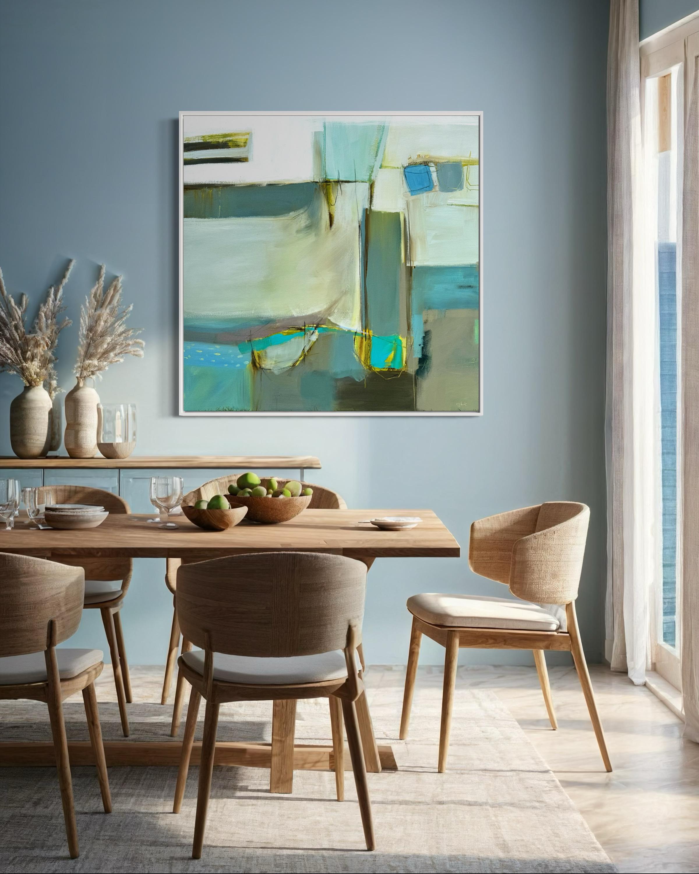 CAMILLA CLARK - My abstract paintings are often an expression of a feeling or an emotion and using the paint to describe on the canvas. Both subtle and vibrant tones of greens and blues in this painting combine to give a sense of both landscape and