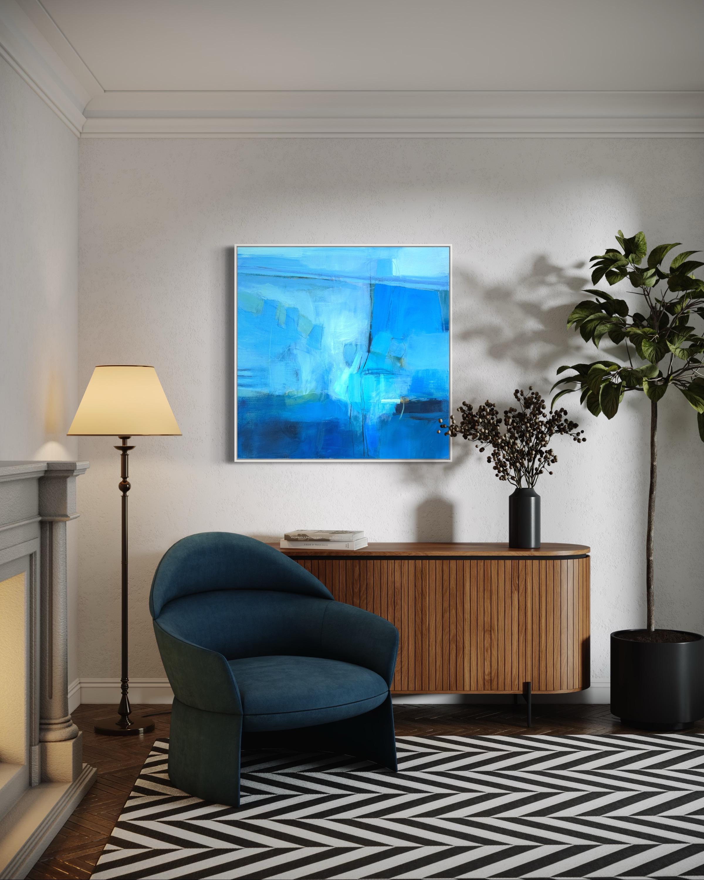 Eine Mischtechnik auf Leinwand mit Acryl, Kohle, Bleistift und Tinte, inspiriert von der atemberaubenden Küstenlinie der South Hams in Devon. Die Einfahrt in den Hafen von Dartmouth von einem hochgelegenen Aussichtspunkt auf dem Südwestküstenpfad