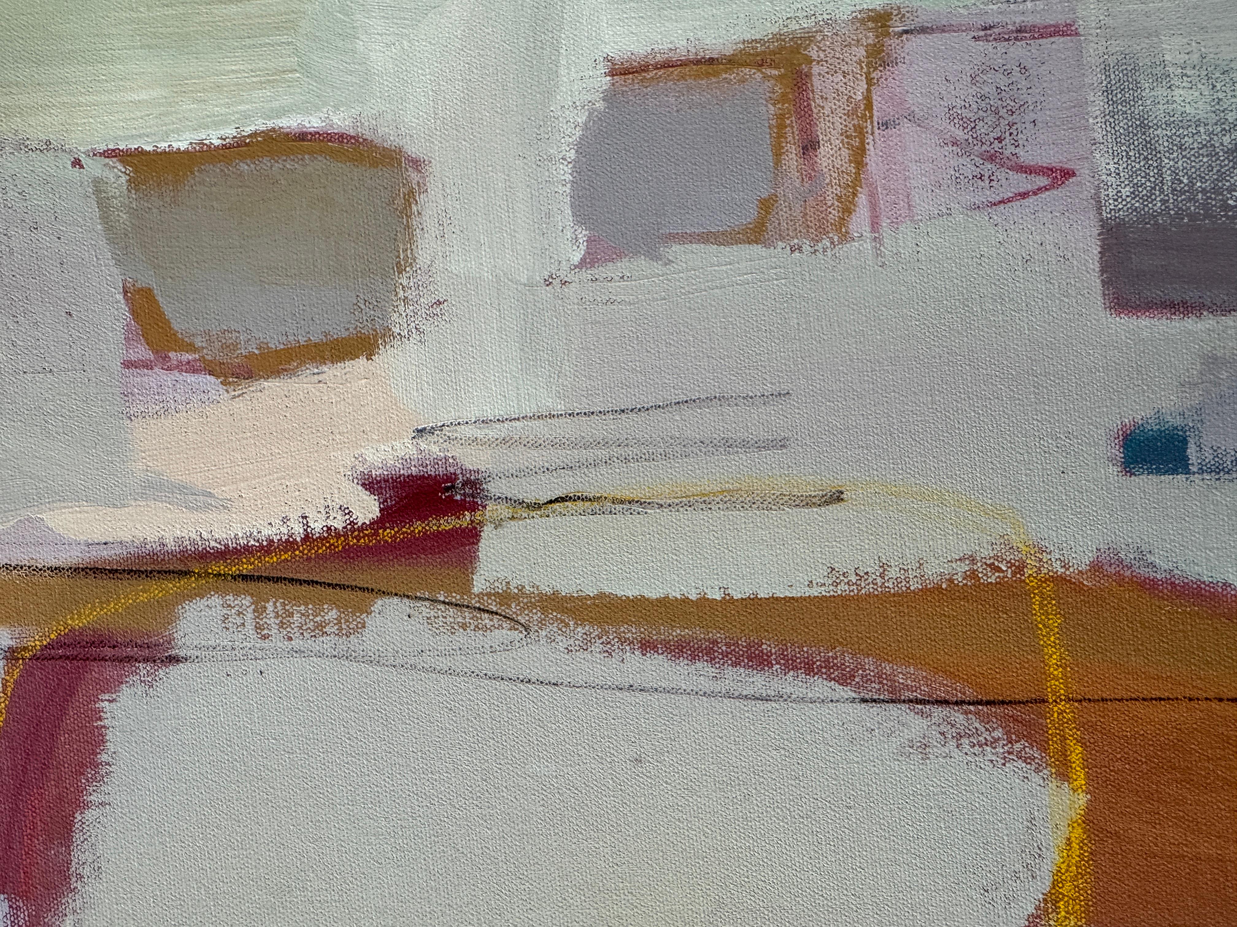 My abstract paintings are often an expression of a feeling or an emotion and using the paint to describe on the canvas. This painting was in response to a walk around my garden seeing all the small pink, cream and orange blossom colours on my cherry