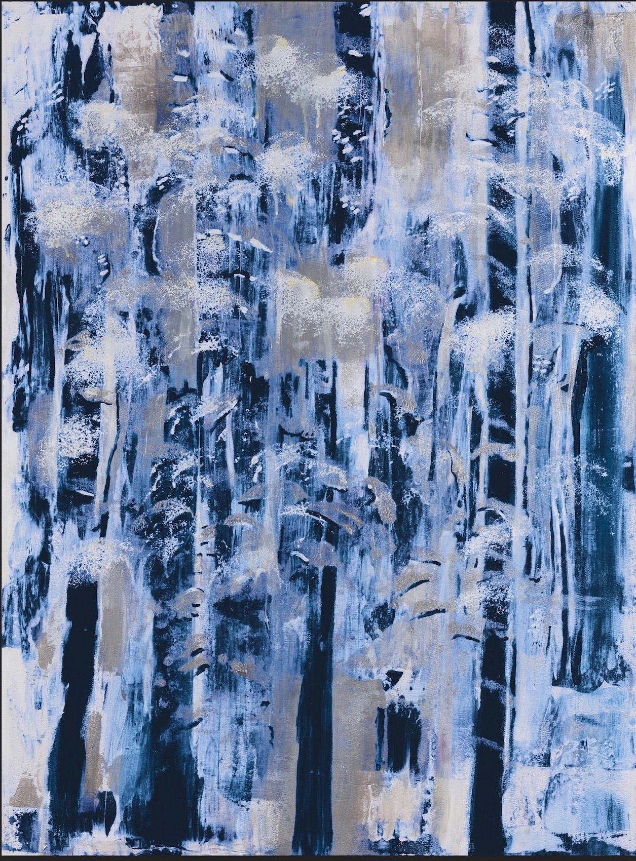Camilla Webster Landscape Painting - "Evening Trees Midnight and Silver" Figurative Painting, Acrylic on Canvas 