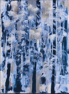 "Evening Trees Midnight and Silver" Figurative Painting, Acrylic on Canvas 