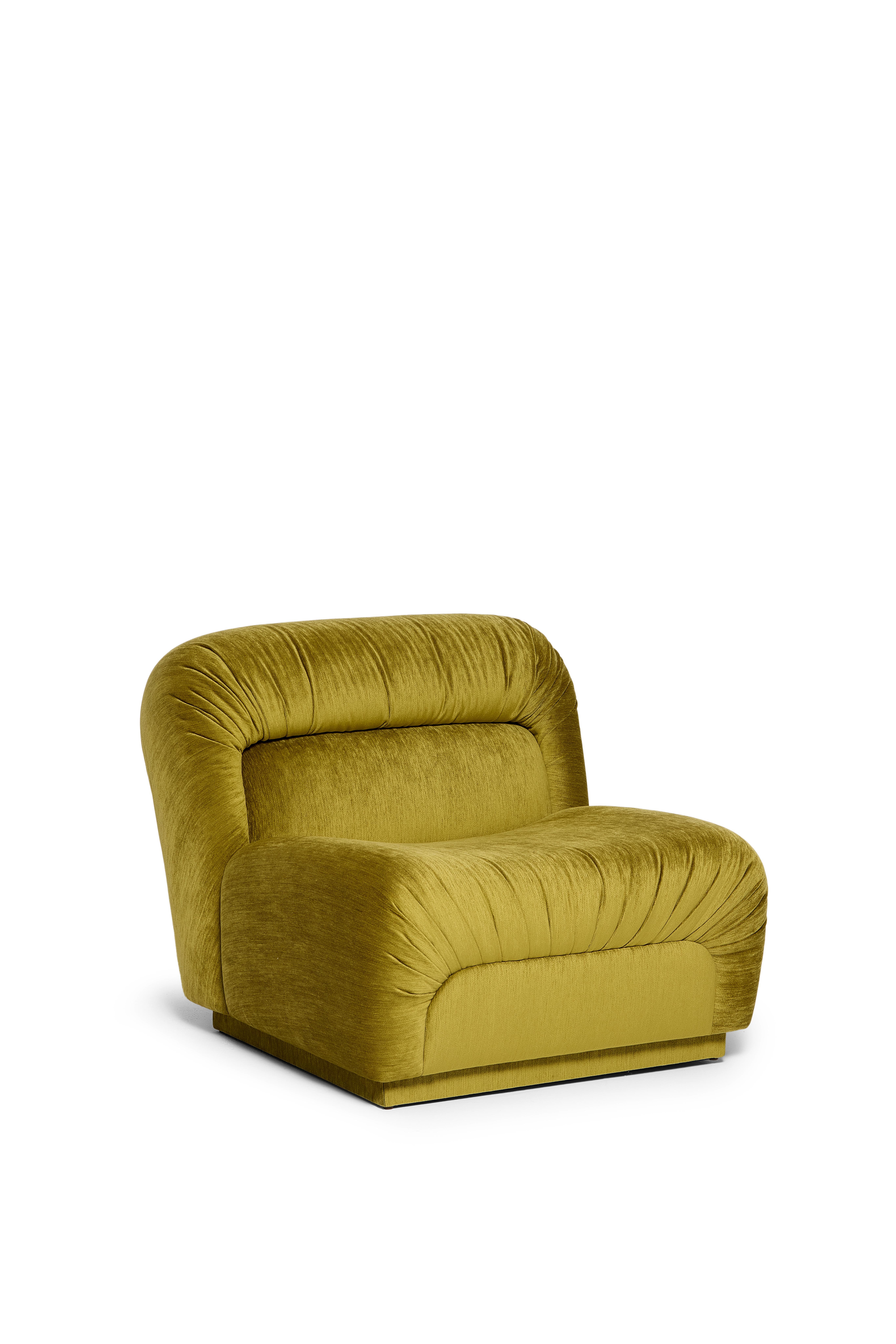 Camille Armchair by Munna
Dimensions: D 97 x W 83 x H 75 cm. SH: 41 cm.
Materials: Wood, foam, and upholstery.
Finish: Vivid Chenille, ref. Moss, VIC13.

Available in all Munna fabrics except Wild Silk. Available in client’s own material. Handmade