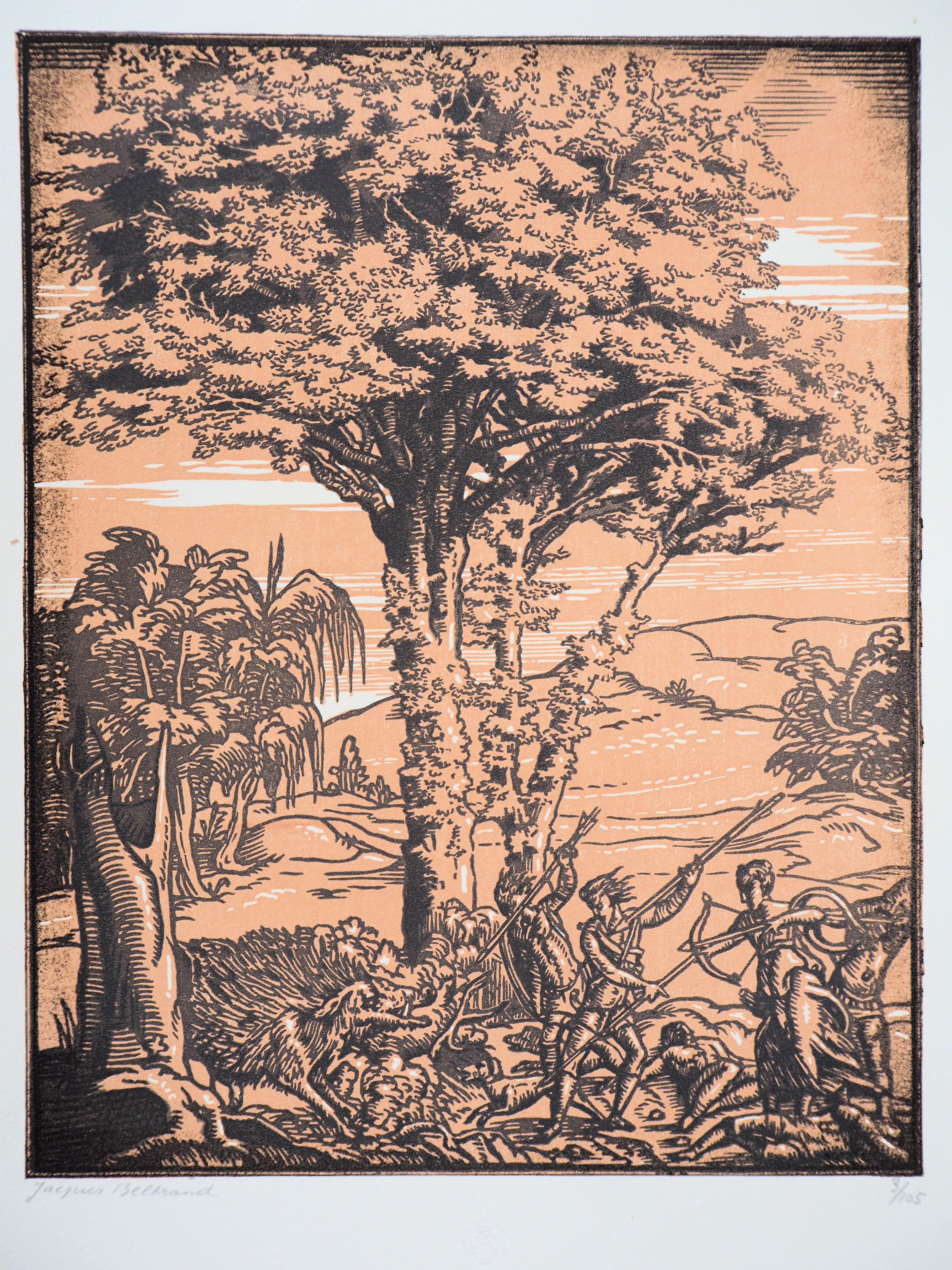 Caccia mitologica - Incisione originale su legno, firmata e numerata a mano - Print di Camille BELTRAND
