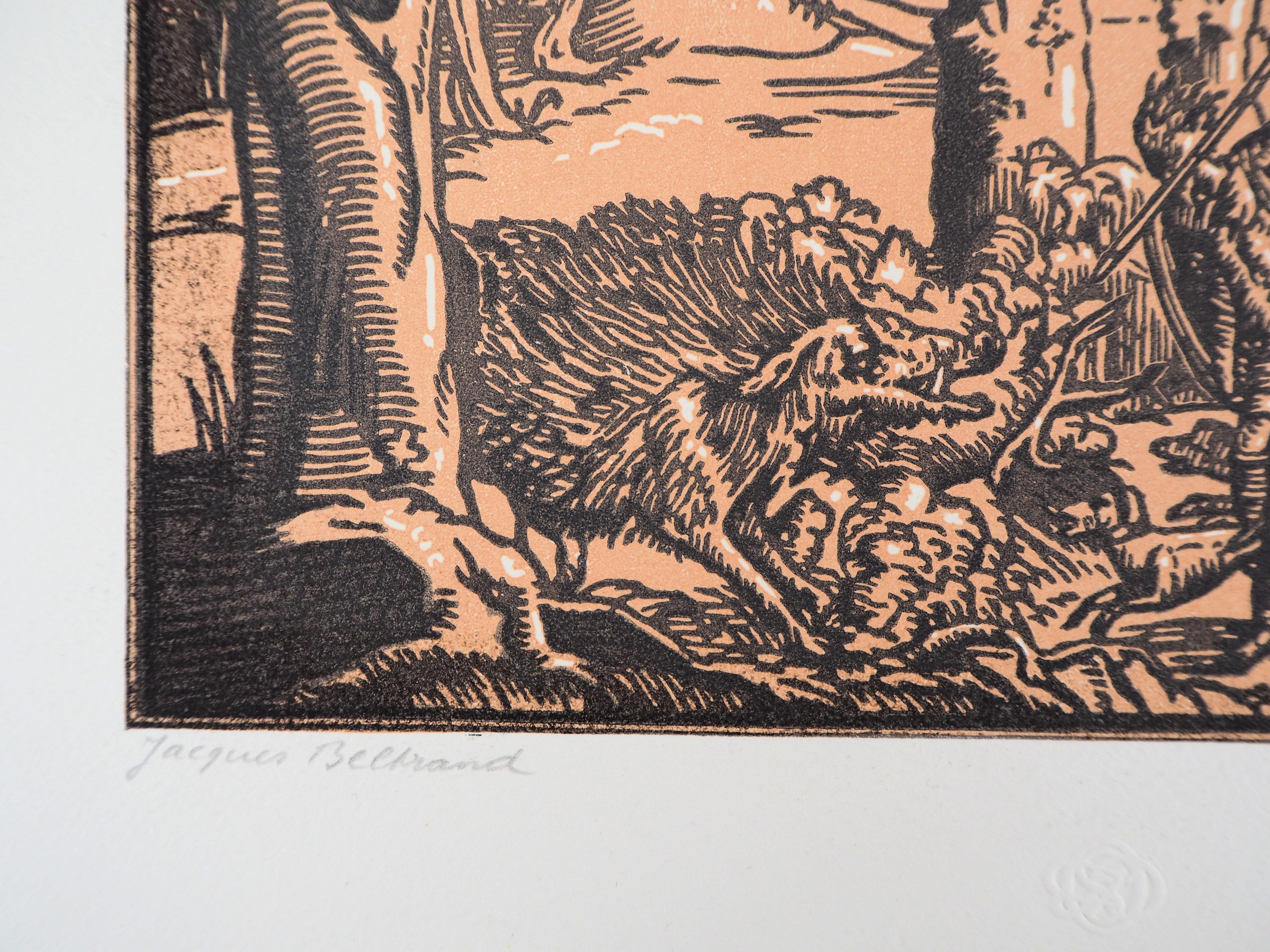 Caccia mitologica - Incisione originale su legno, firmata e numerata a mano - Landscape Print Beige di Camille BELTRAND