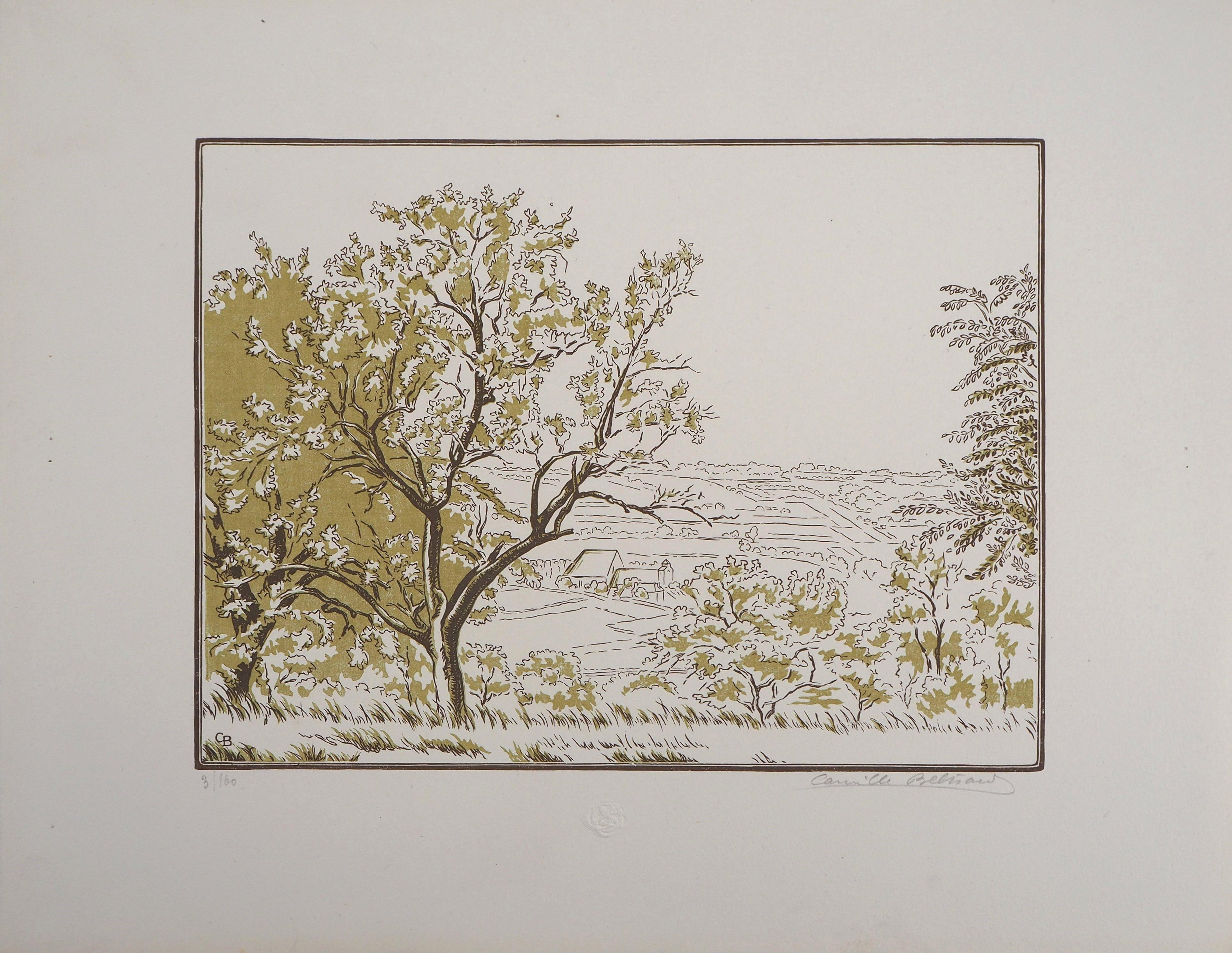 Paesaggio tranquillo in Normandia - Incisione originale su legno, firmata e numerata a mano - Print di Camille BELTRAND