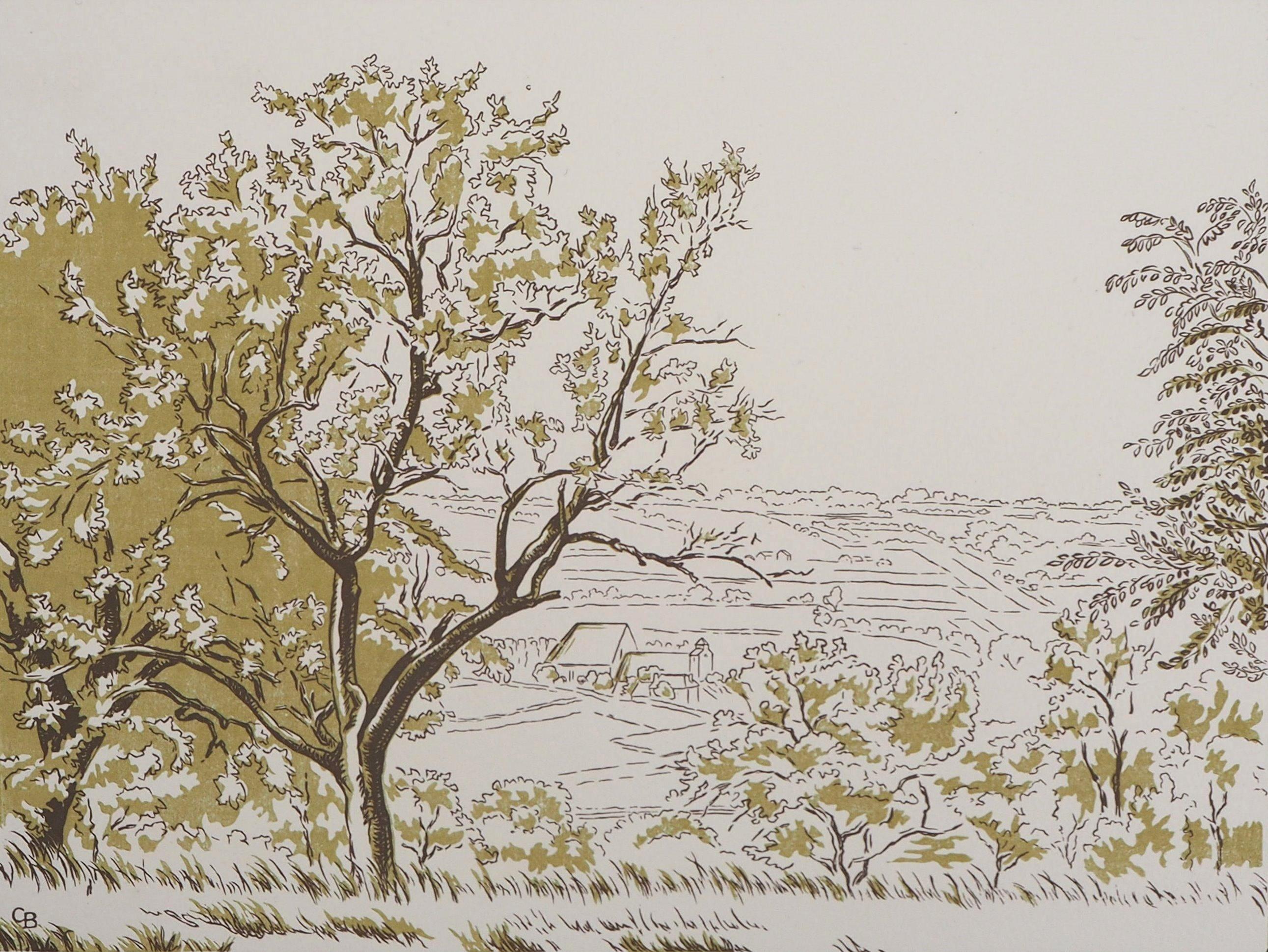 Paesaggio tranquillo in Normandia - Incisione originale su legno, firmata e numerata a mano - Print Moderno di Camille BELTRAND