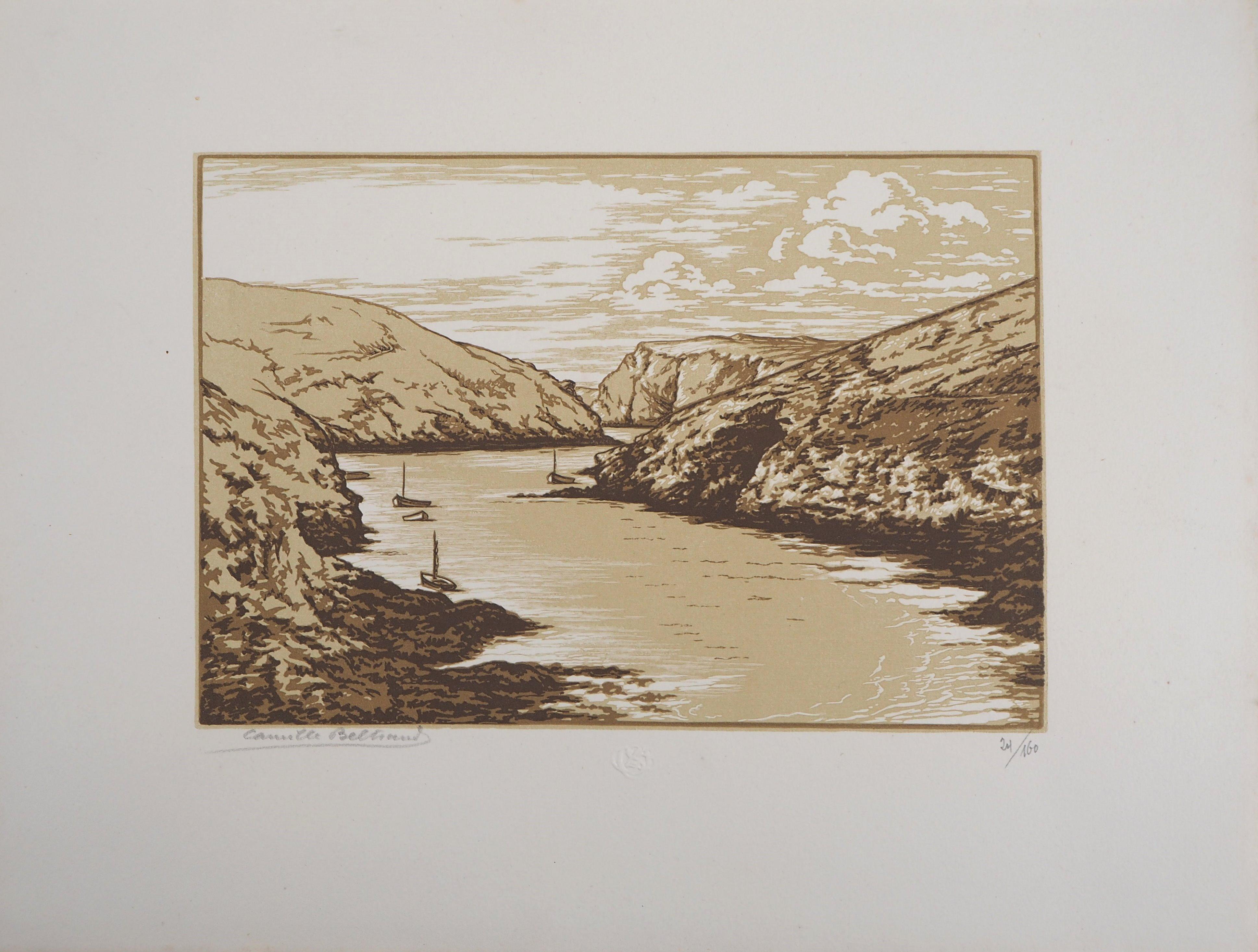 Seascape : Sailboats at Belle Isle - Original wooodcut, Handsigned & Numbered - Print by Camille BELTRAND