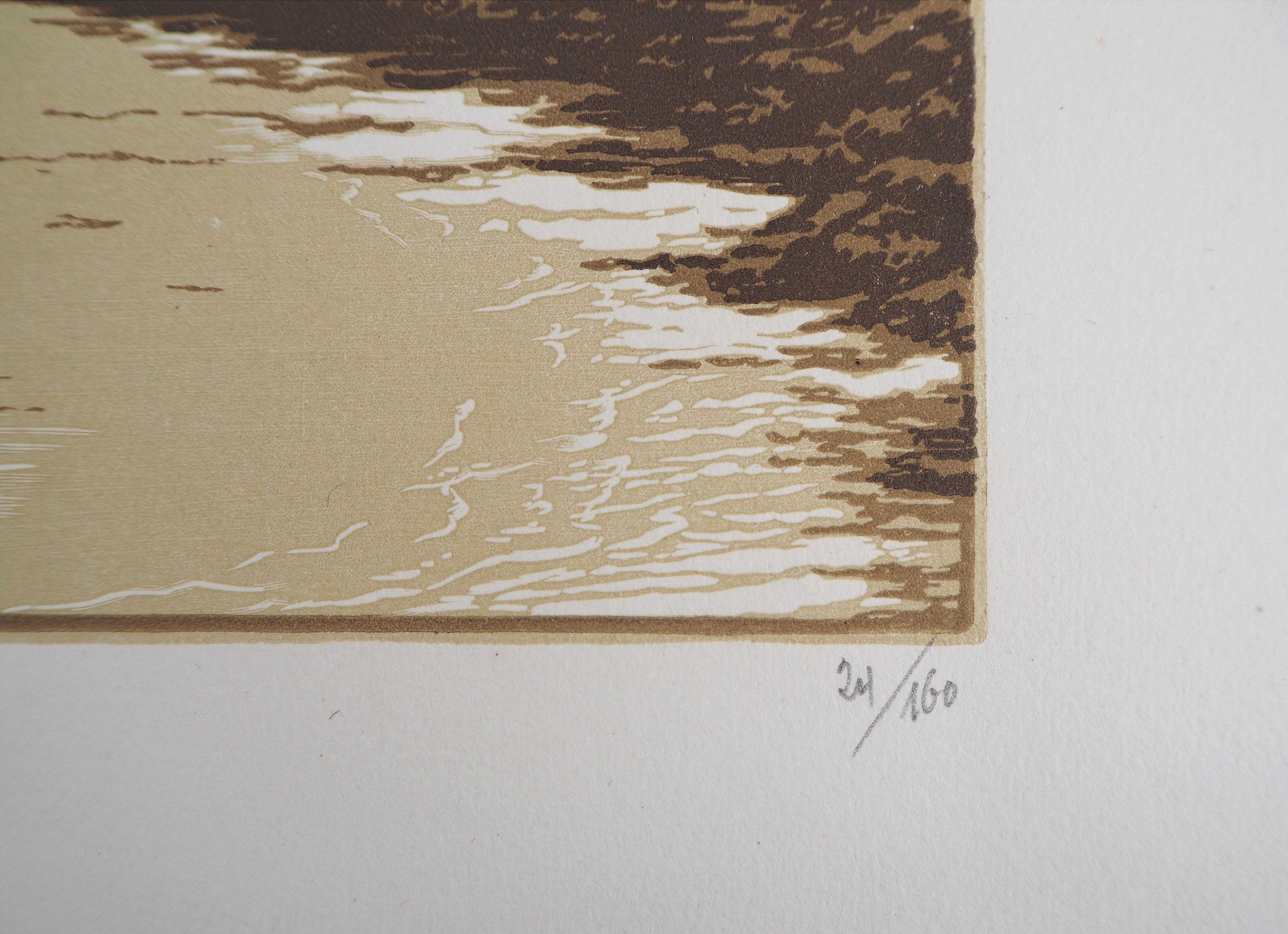 Seascape : Sailboats at Belle Isle - Original wooodcut, Handsigned & Numbered For Sale 2