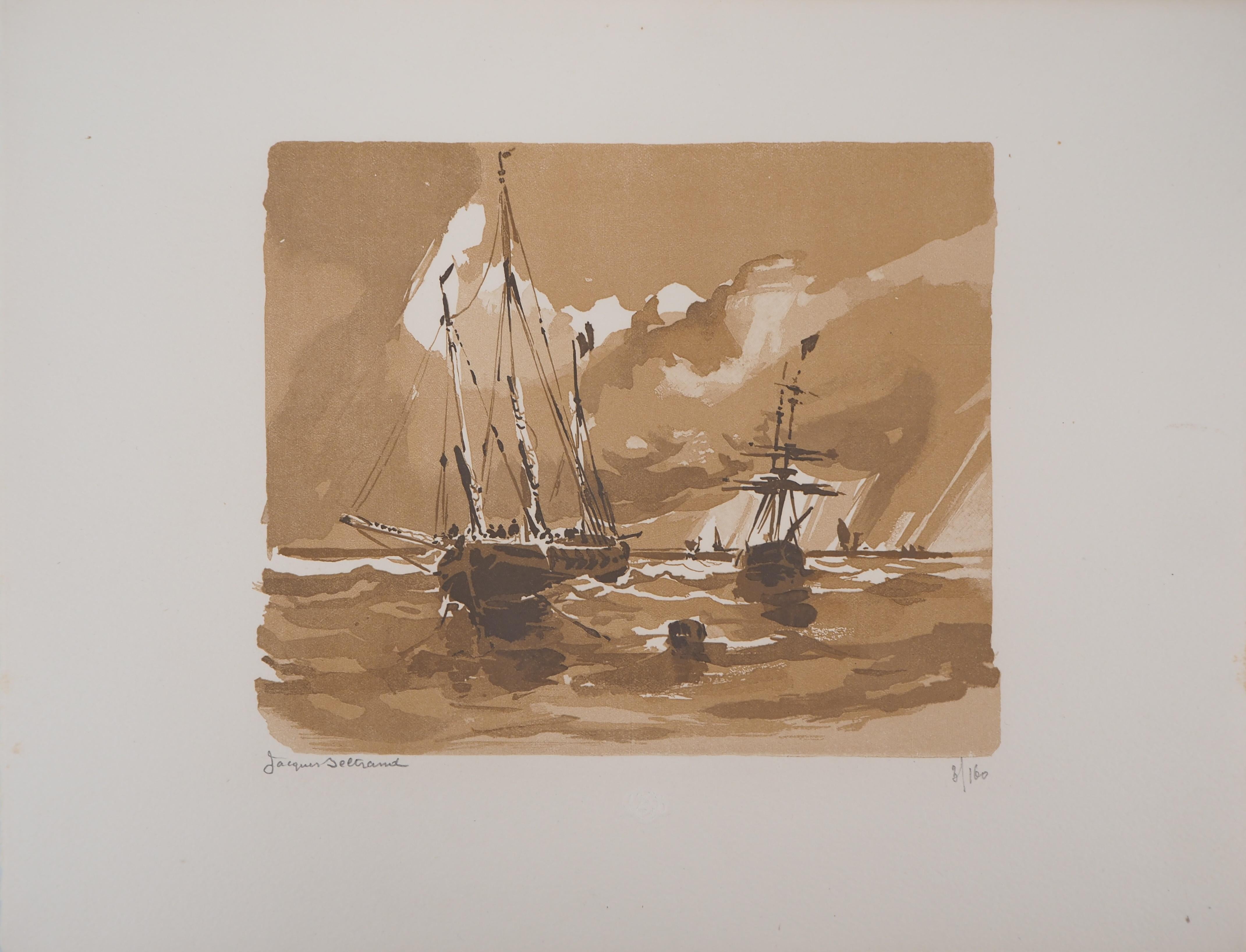 Seascape : the Sailboats - Original wooodcut, Handsigned & Numbered - Print by Camille BELTRAND
