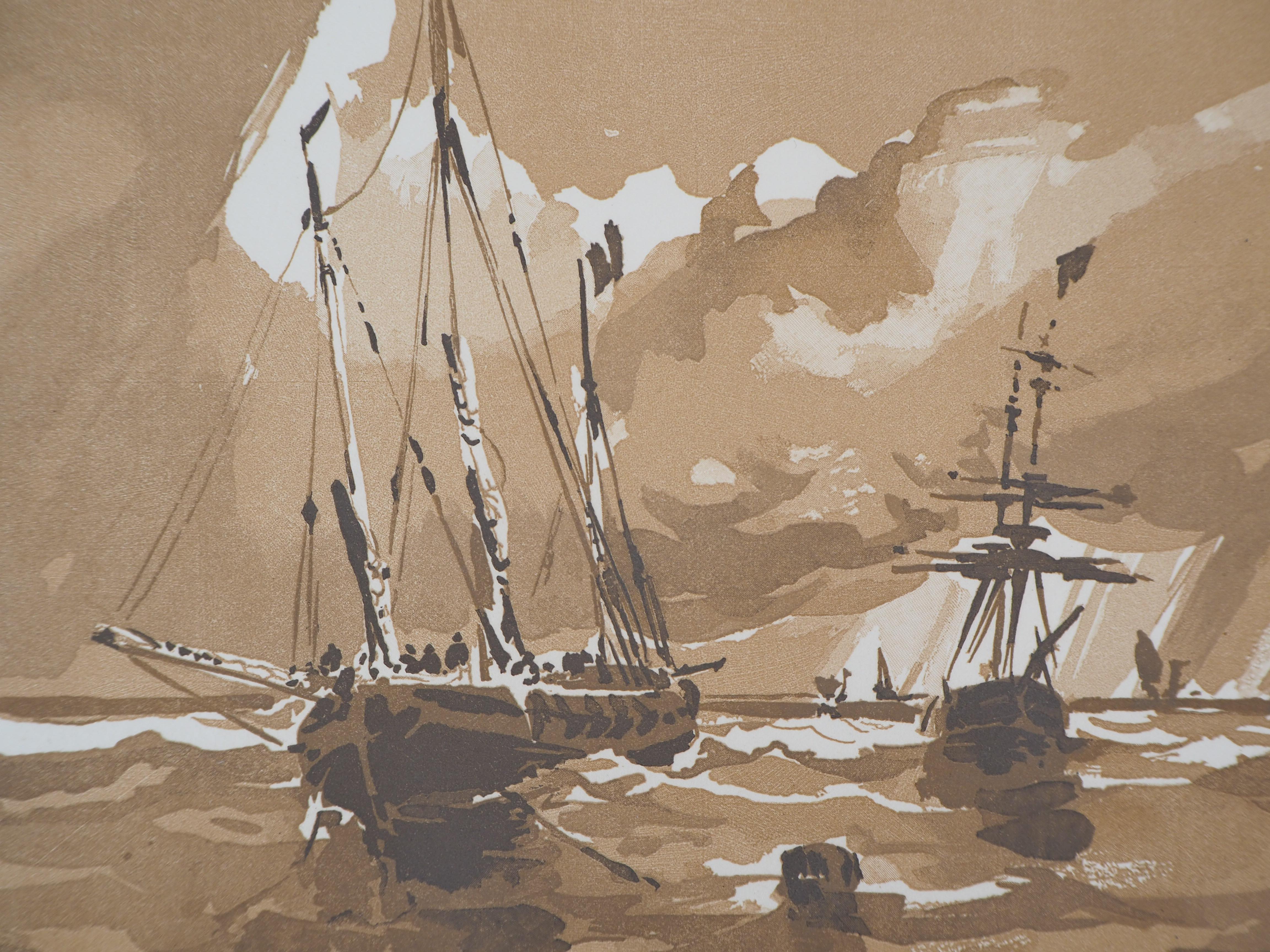 Seascape : the Sailboats - Original wooodcut, Handsigned & Numbered - Modern Print by Camille BELTRAND