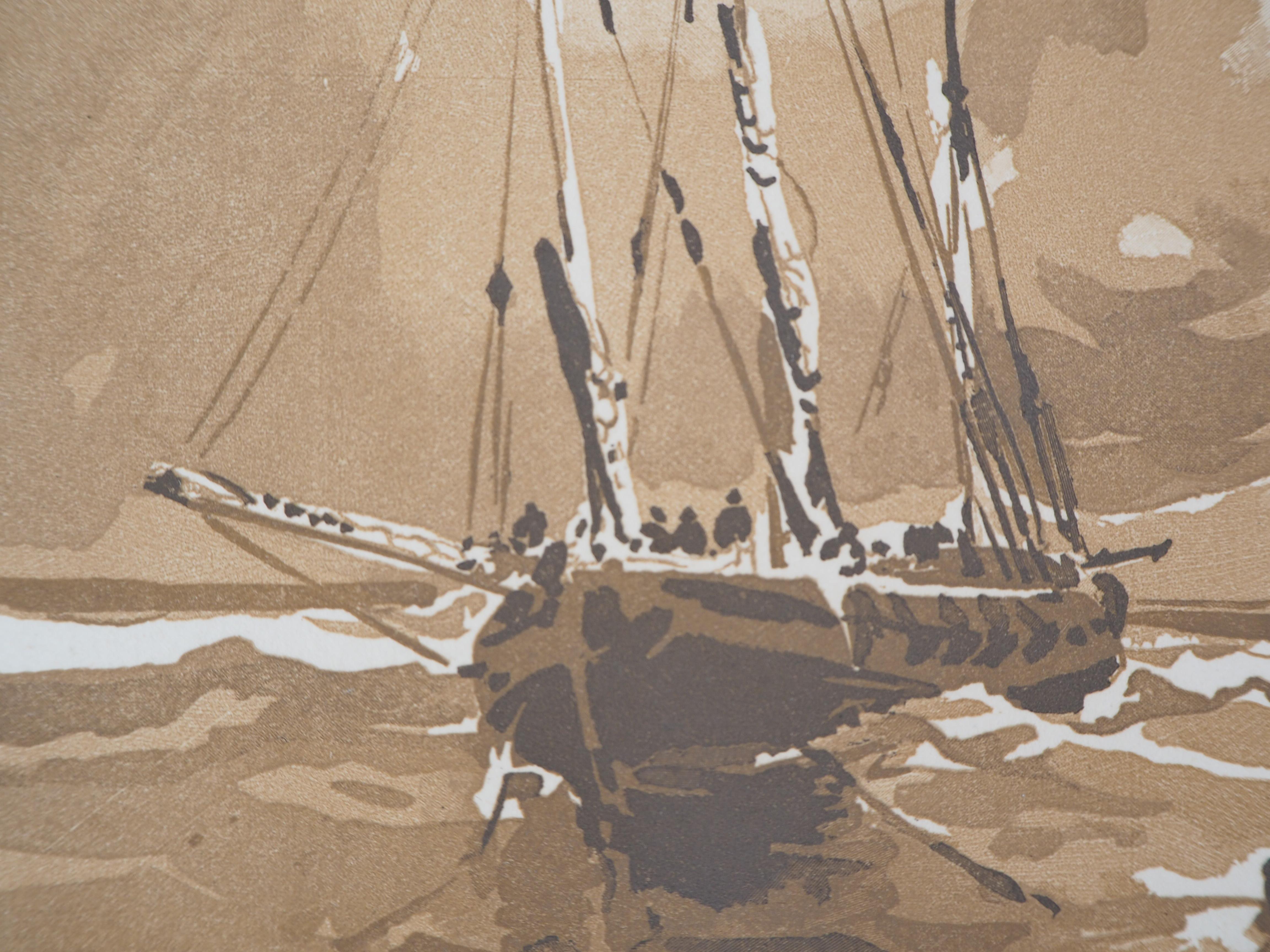 Seascape : the Sailboats - Original wooodcut, Handsigned & Numbered - Brown Landscape Print by Camille BELTRAND