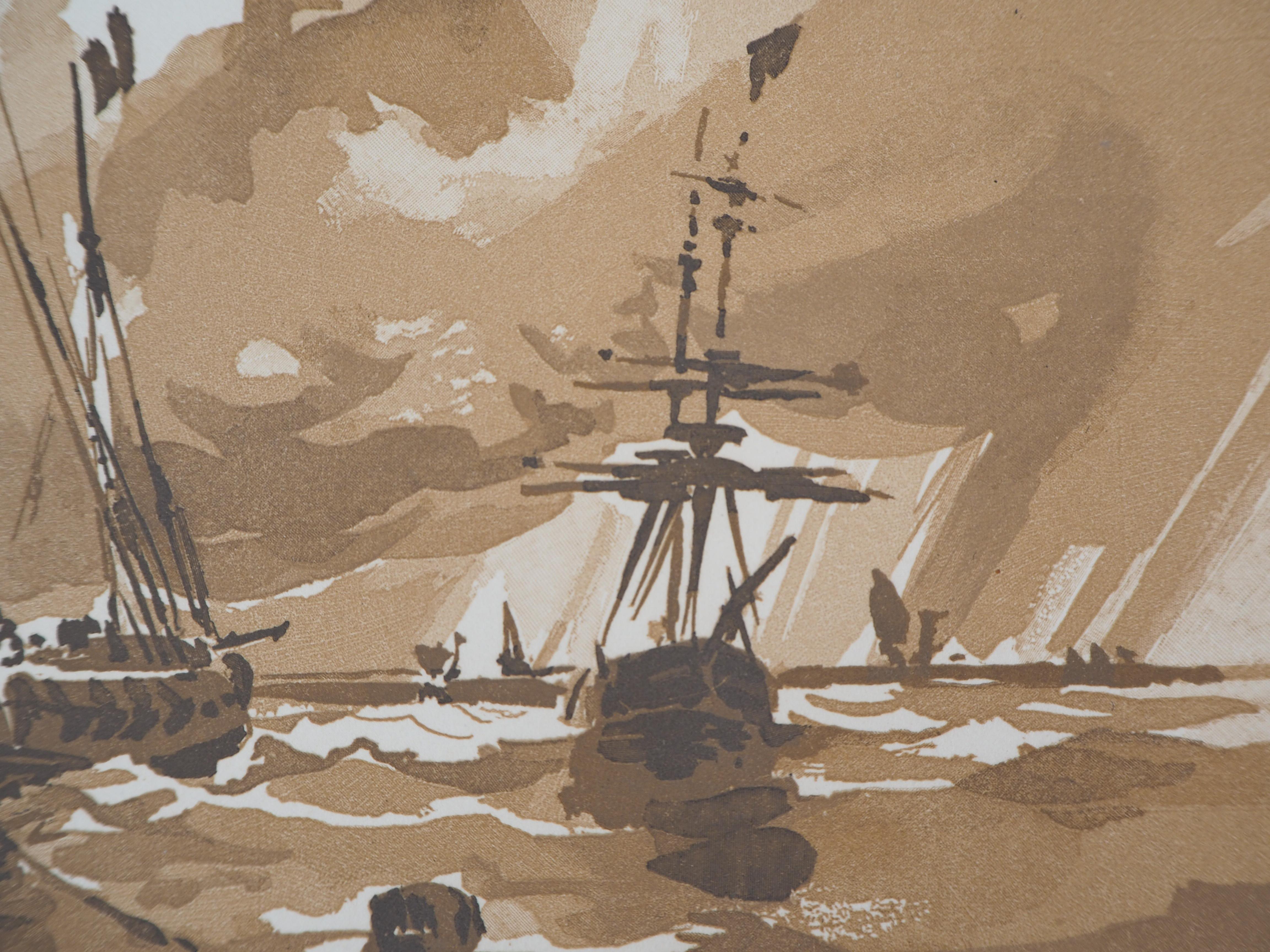 Camille BELTRAND (1877-1951)
Seascape : the Sailboats, 1926

Original woodcut
Handsigned in pencil
Numbered /160
On vellum 32.5 x 25.5 cm (c. 13 x 10 in)
Bears the blind stamp of the editor 'Imagier de la Gravure sur Bois' (Lugt 1140a)

Excellent