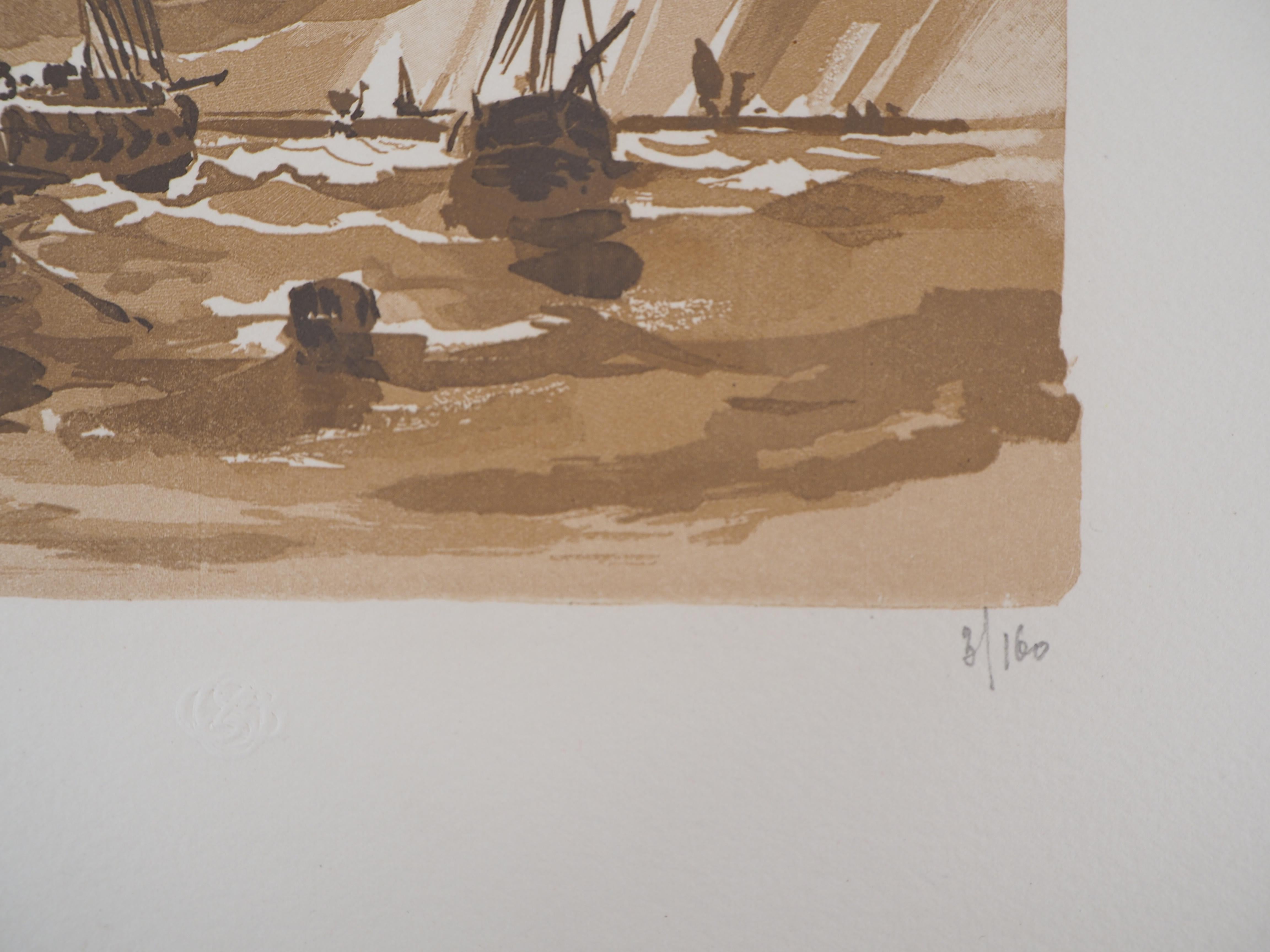 Seascape : the Sailboats - Original wooodcut, Handsigned & Numbered For Sale 2