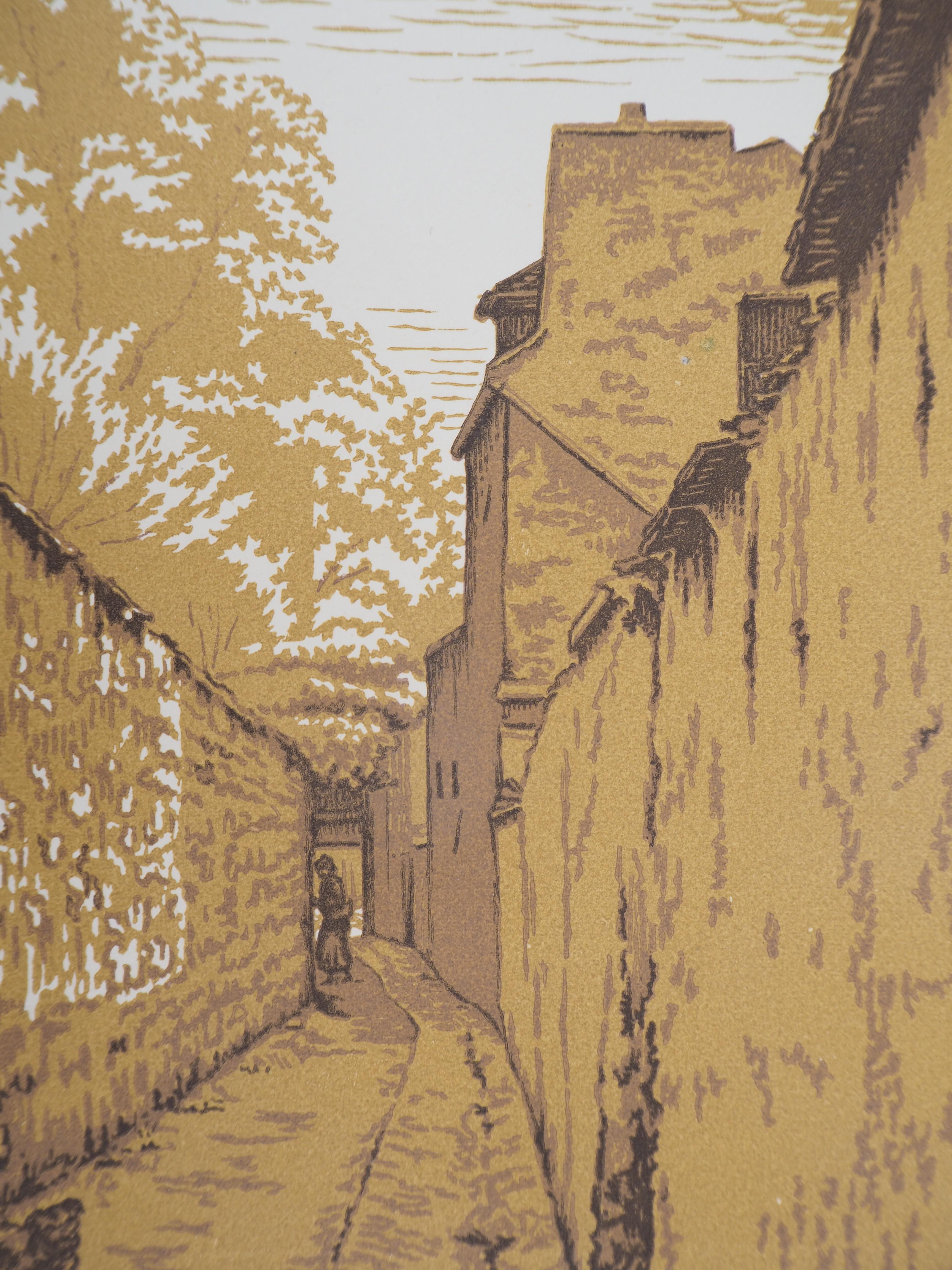 Street from the old Paris - Original wooodcut, Handsigned & Numbered - Brown Landscape Print by Camille BELTRAND
