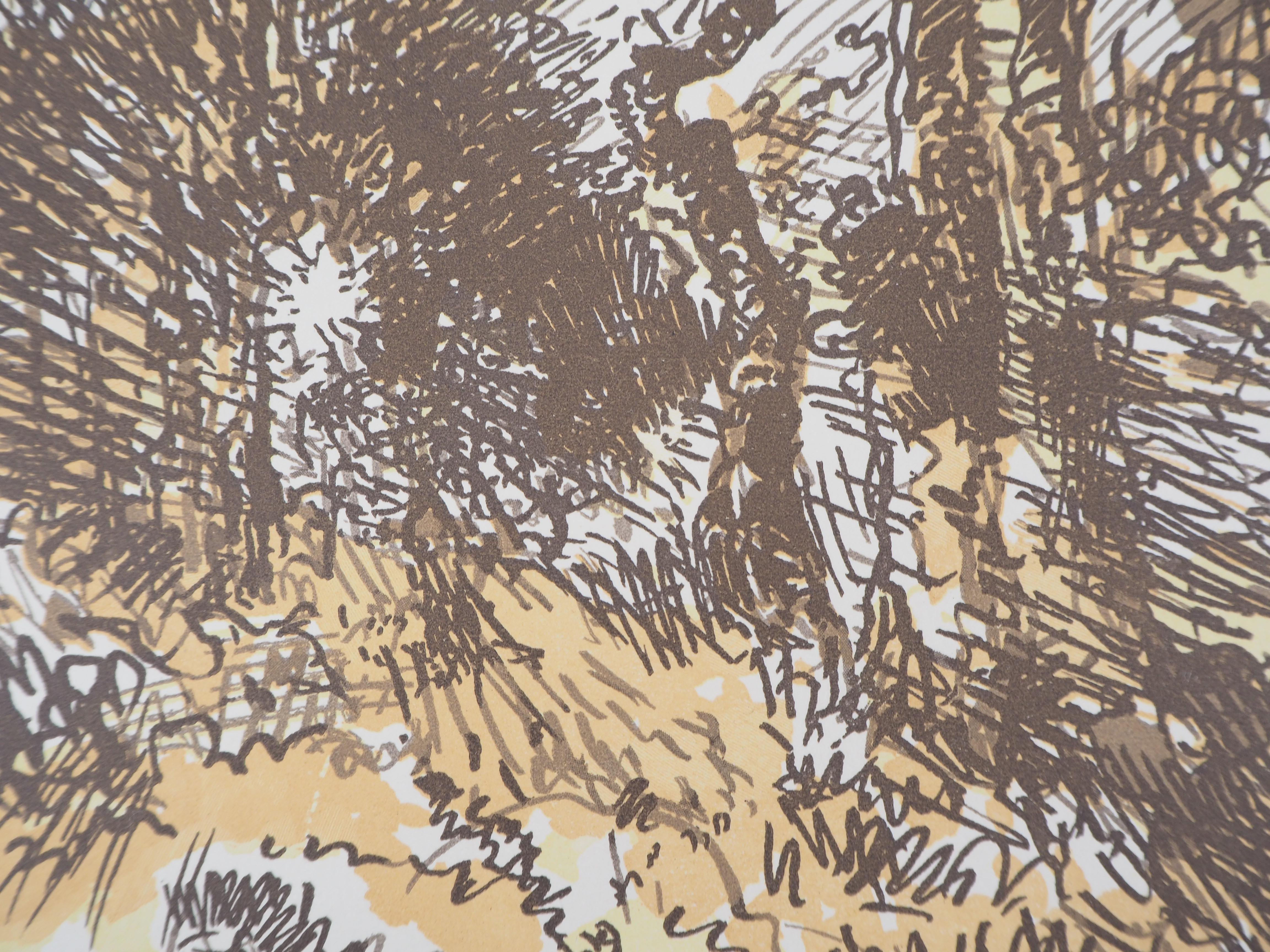 Wild Forest - Gravure originale sur bois, signée et numérotée - Beige Landscape Print par Camille BELTRAND