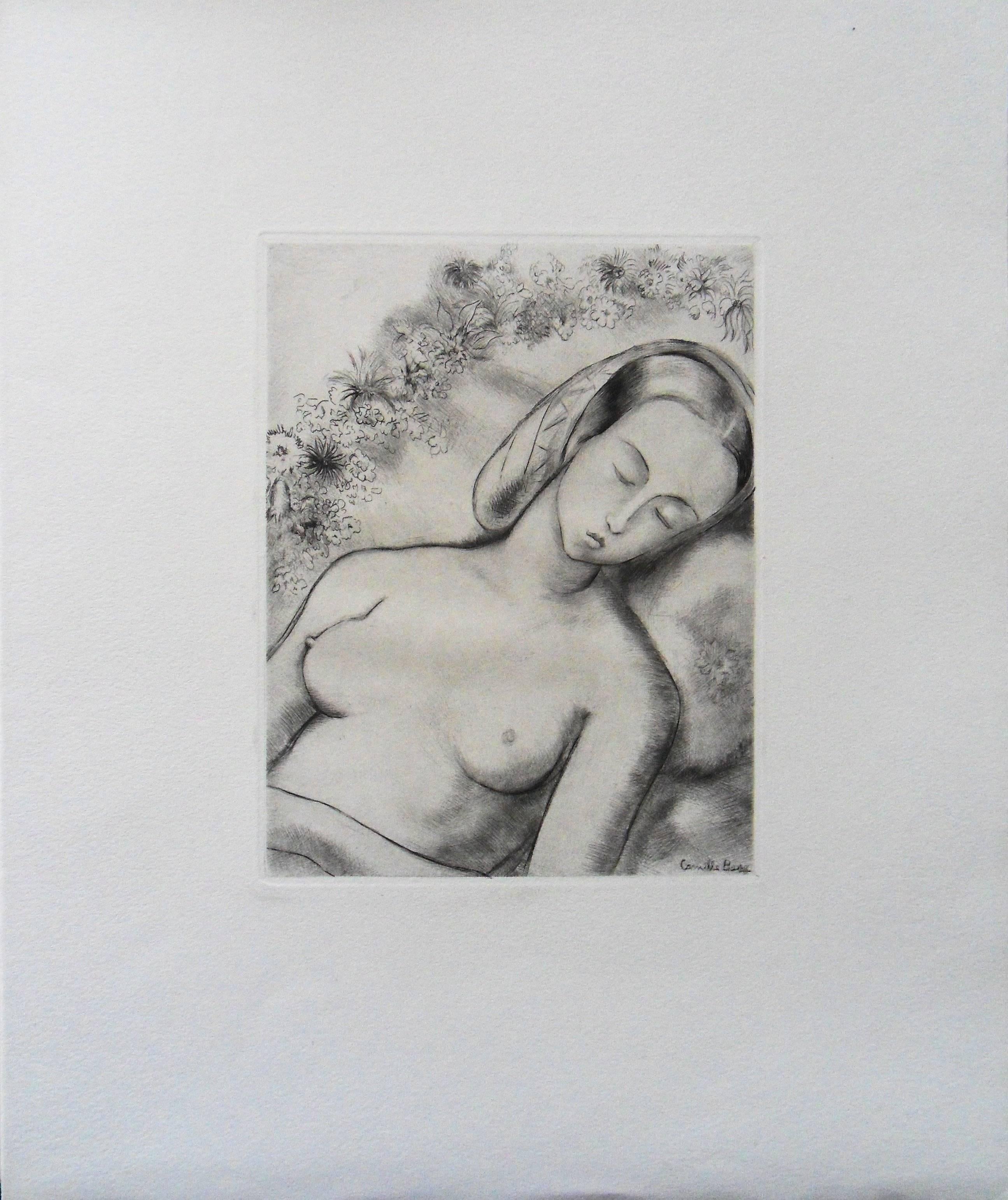 Sleeping Nude - Original etching, 1943 - Print by Camille Berg