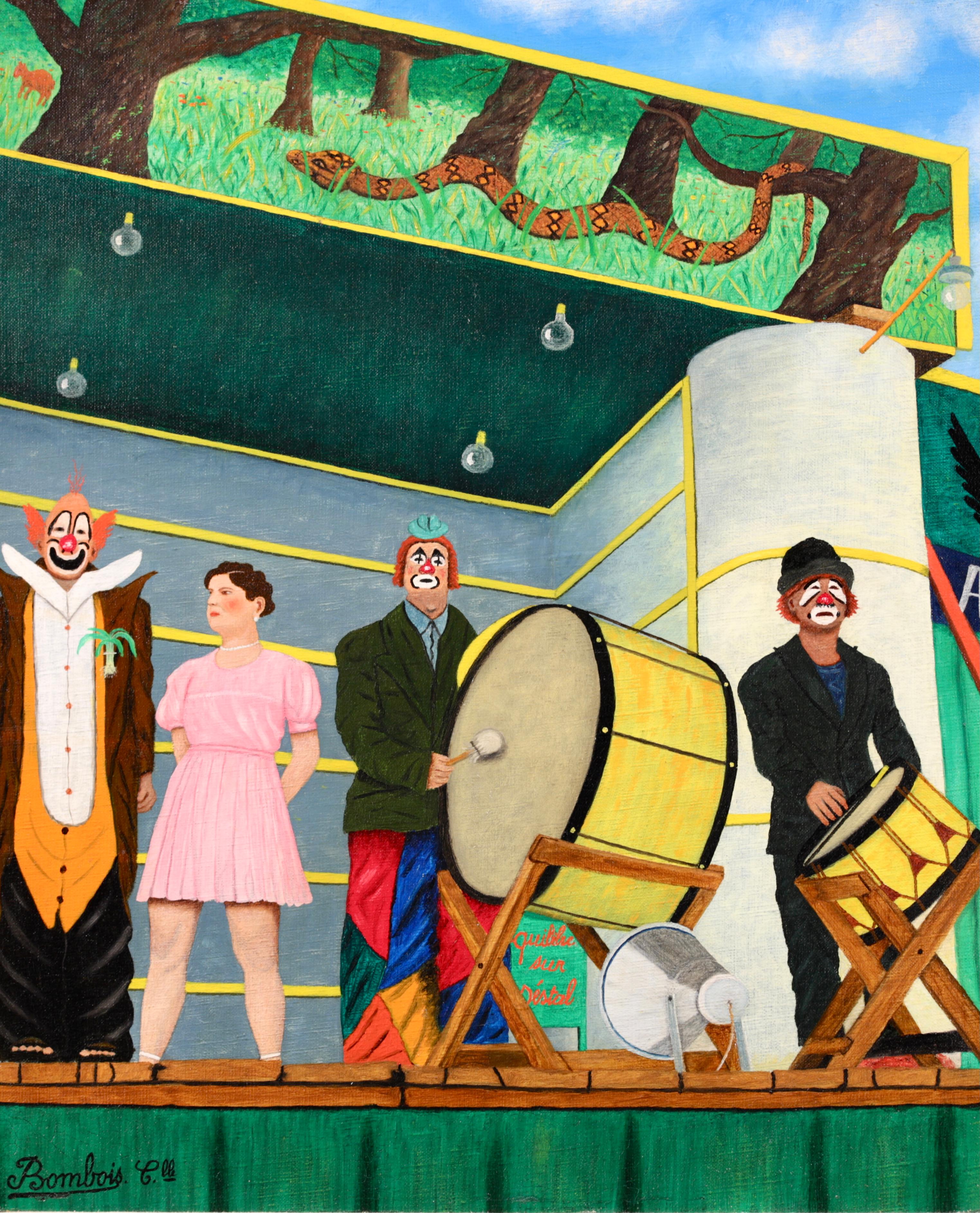 Signiertes figuratives Öl auf Leinwand um 1955 von dem französischen naiven Maler Camille Bombois. Dieses charmante Werk zeigt Zirkuskünstler - drei Clowns und eine starke Frau in einem rosa Kleid - auf einer Freilichtbühne. Zwei der Clowns schlagen