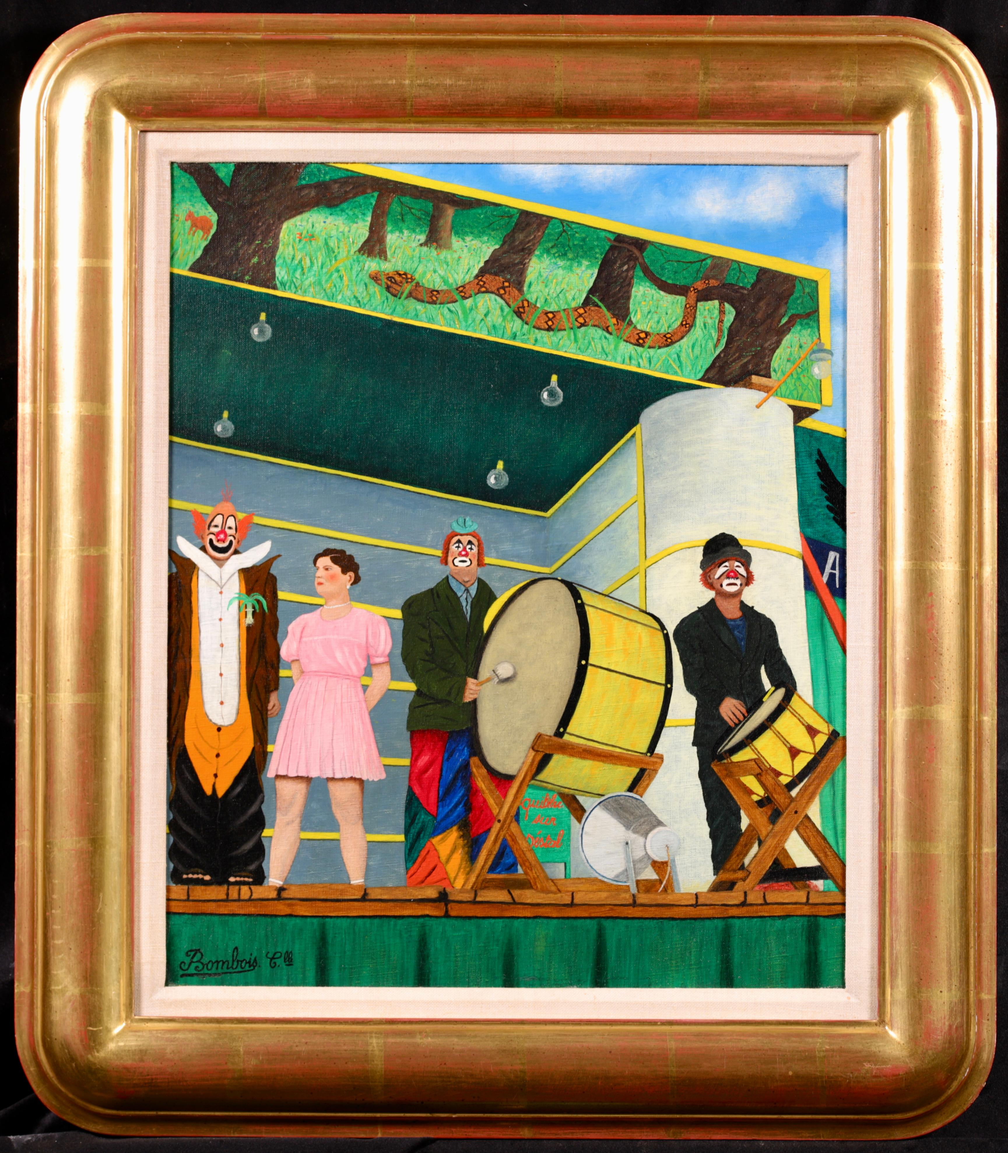 Huile figurative sur toile signée circa 1955 par le peintre naïf français Camille Bombois. Cette œuvre charmante représente des artistes de cirque - trois clowns et une femme forte en robe rose - debout sur une scène en plein air. Deux clowns tapent
