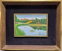 LES ÉTANGS À RIXENSART BELGIUM 1940 fiume colorato piccola tela ad olio firmata