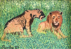 Lions - Mid 20th Century French Oil, Animals in Landscape by Camille Bombois