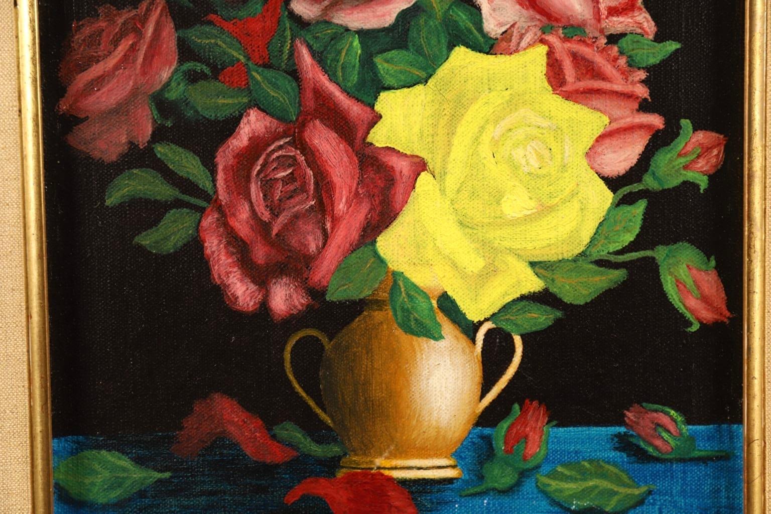 A beautiful oil on canvas circa 1940 by French naive painter Camille Bombois. The piece depicts a golden urn filled placed on a blue surface and filled with roses of red, yellow and pink.

Signature:
Signed lower left

Dimensions:
Framed: