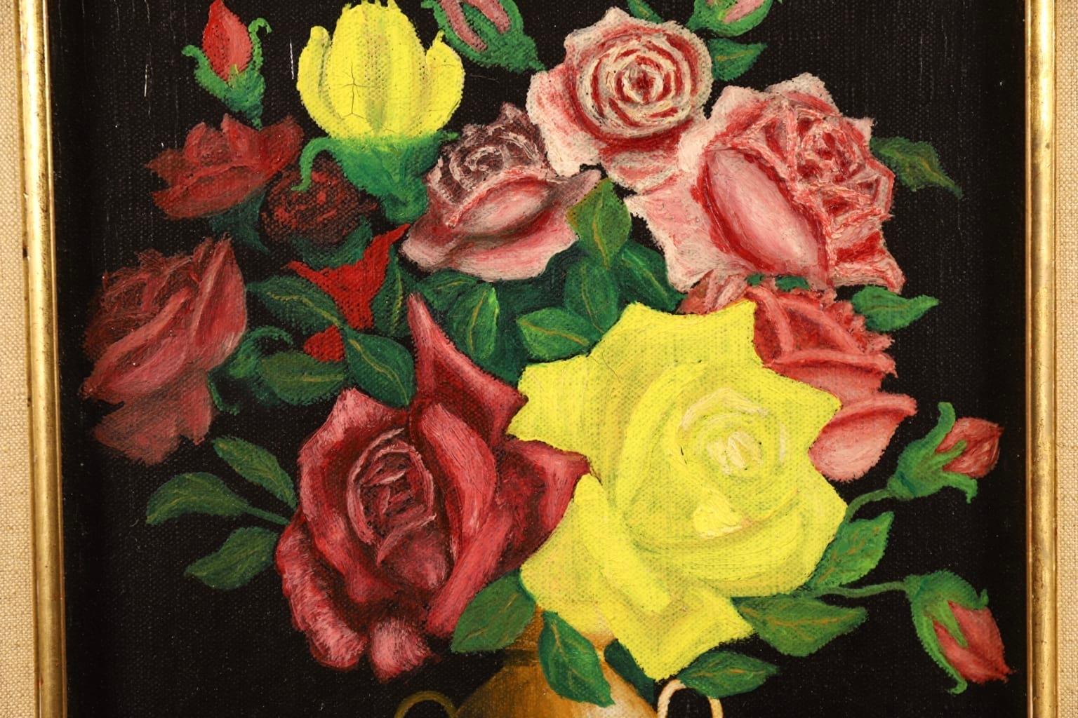 Red & Yellow Roses - French Naive Oil, Still Life of Flowers by Camille Bombois 2