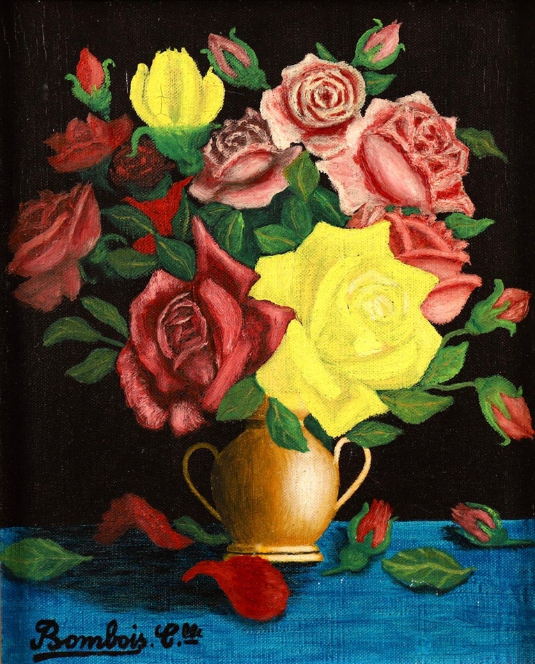 A beautiful oil on canvas circa 1940 by French naive painter Camille Bombois. The piece depicts a golden urn filled placed on a blue surface and filled with roses of red, yellow and pink.

Signature:
Signed lower left

Dimensions:
Framed: