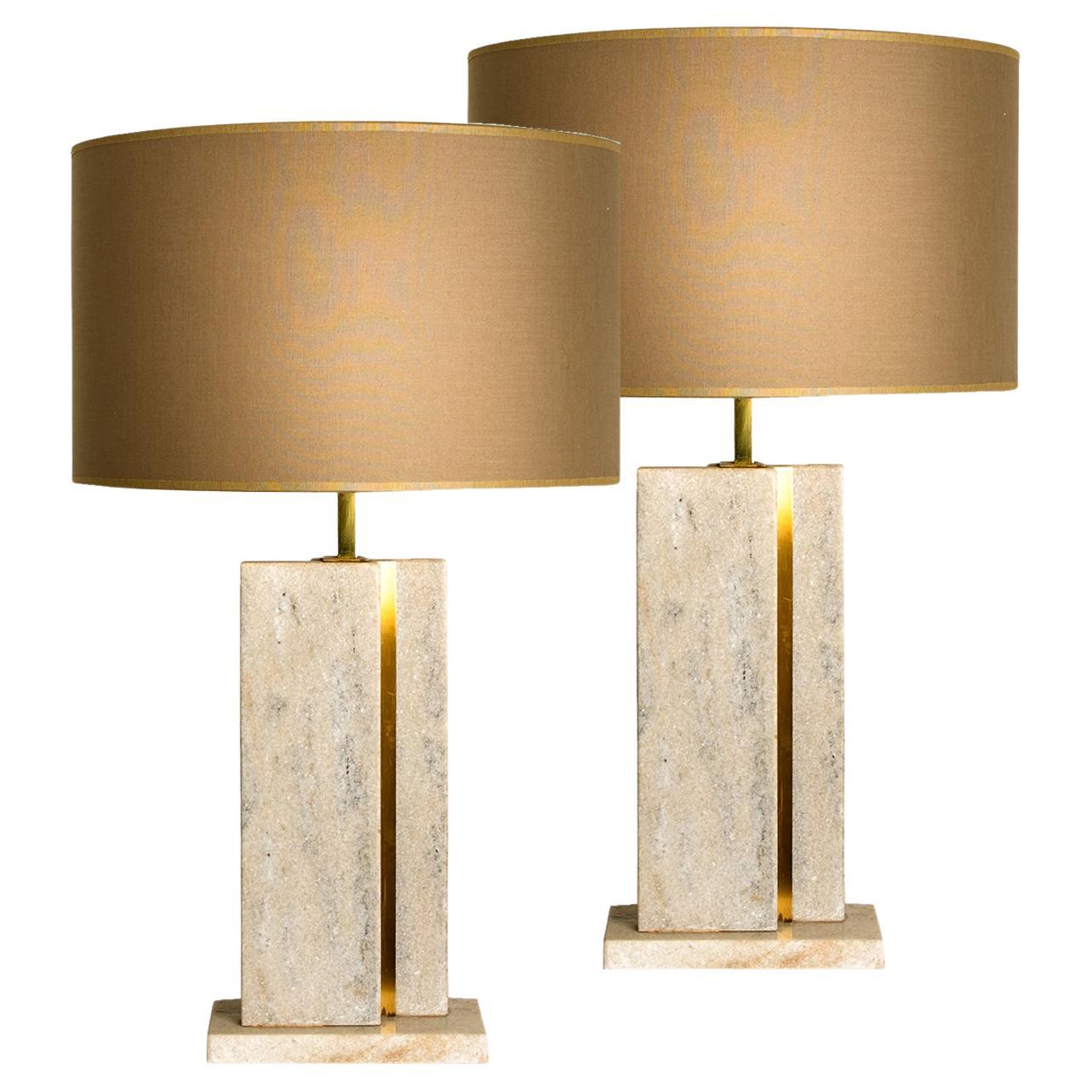 Camille Breesch Travertine Table Lamp with New Shade For Sale