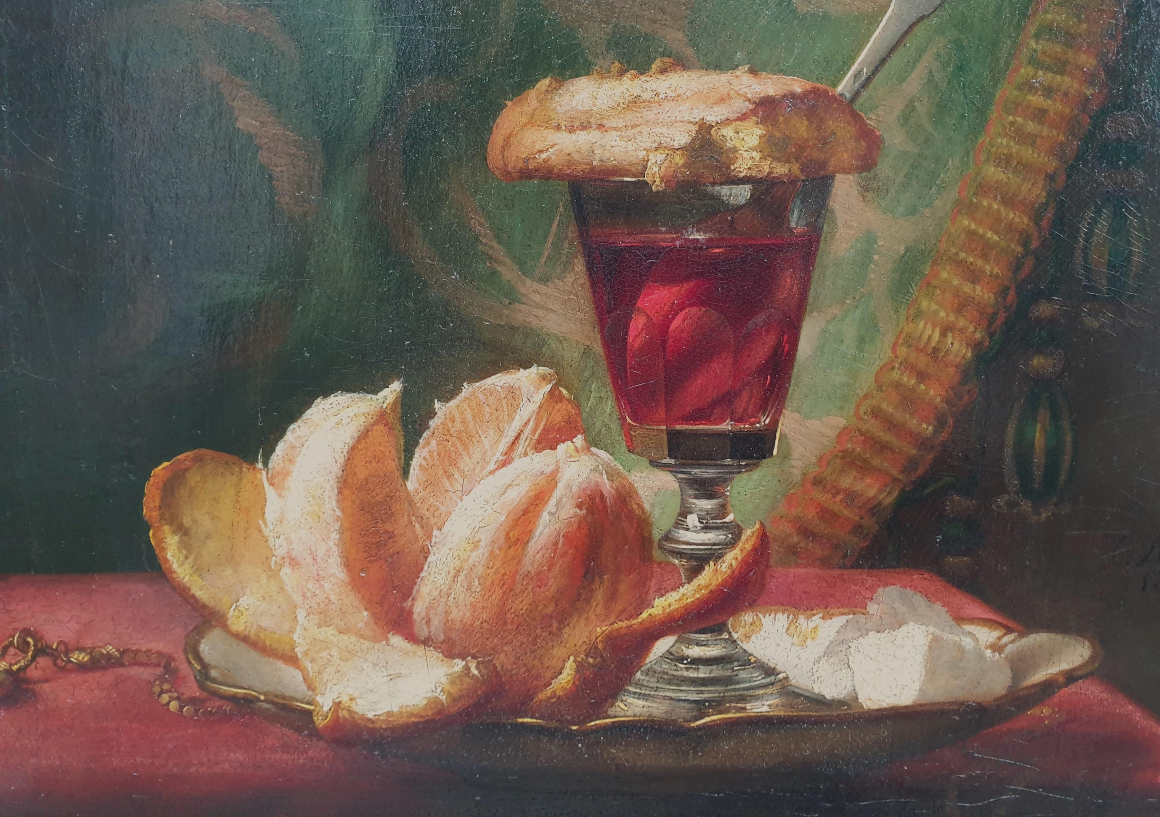 DOLARD Pittura realista Natura morta L'Oeil Arancione Vetro Pane Francese XIX - Still-Life Painting Nero di Camille DOLARD