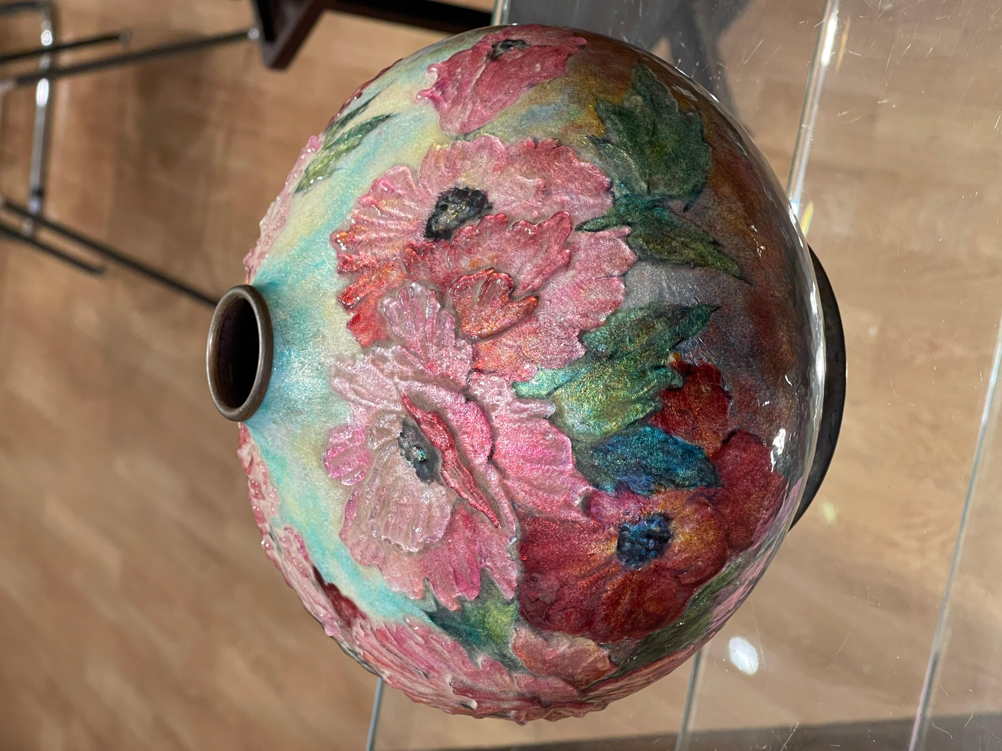 Camille FAURE (1874-1956), Beautiful ball shaped vase poppy-decorated For Sale 4