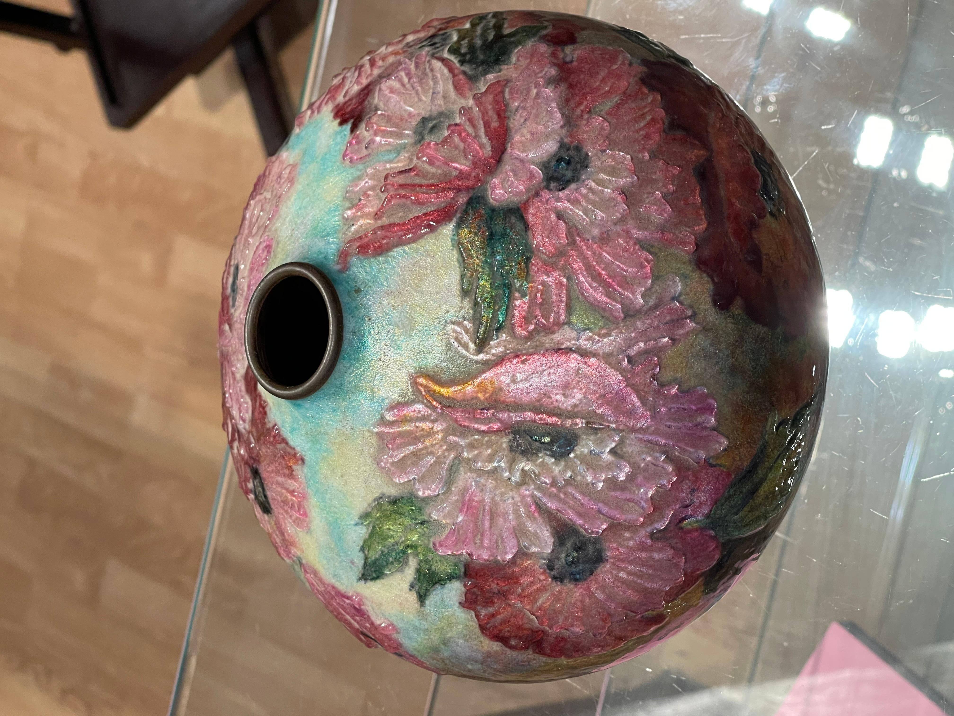 Camille FAURE (1874-1956), Beautiful ball shaped vase poppy-decorated For Sale 5