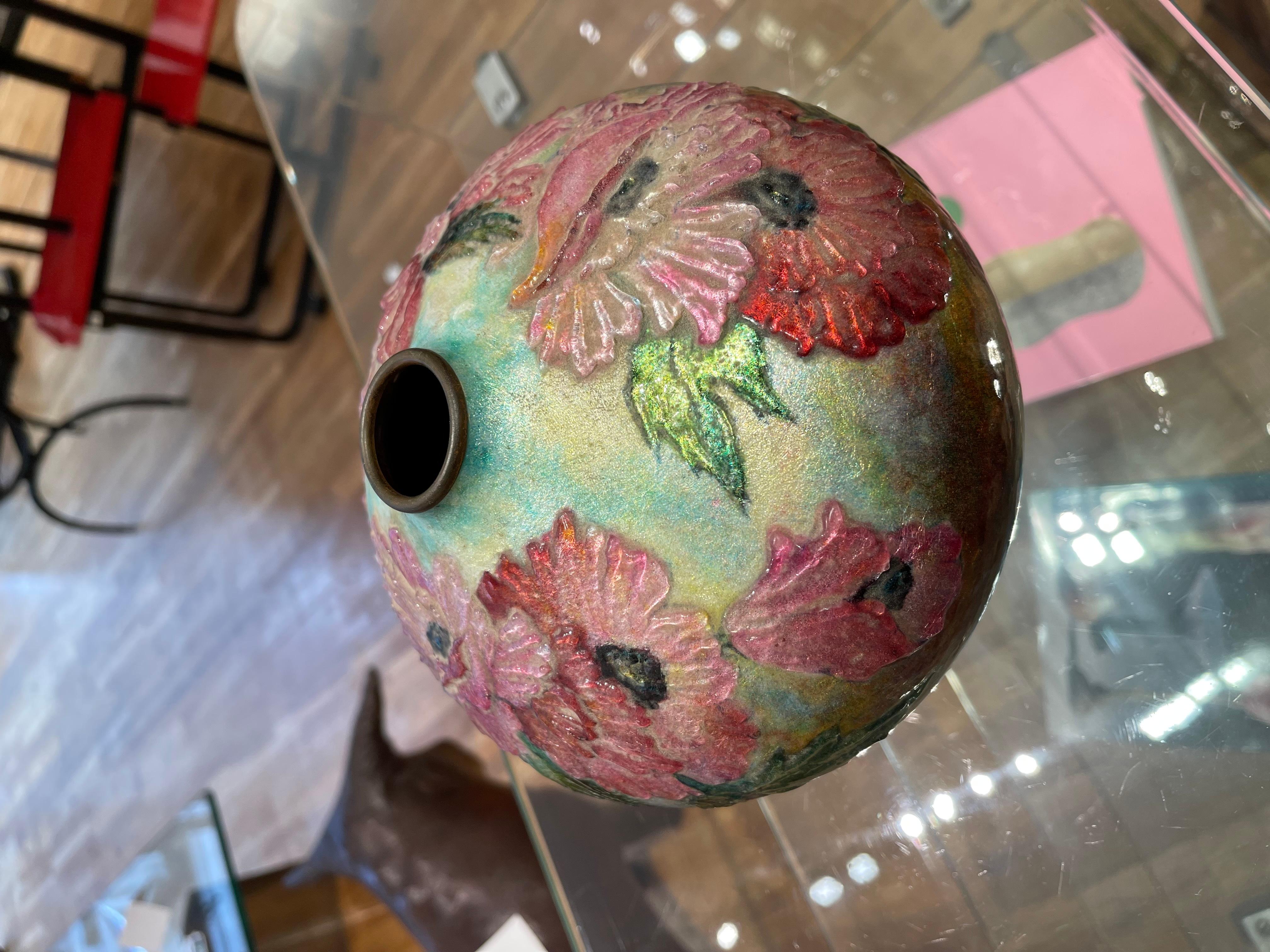 Camille FAURE (1874-1956), Beautiful ball shaped vase poppy-decorated In Good Condition For Sale In Paris, FR