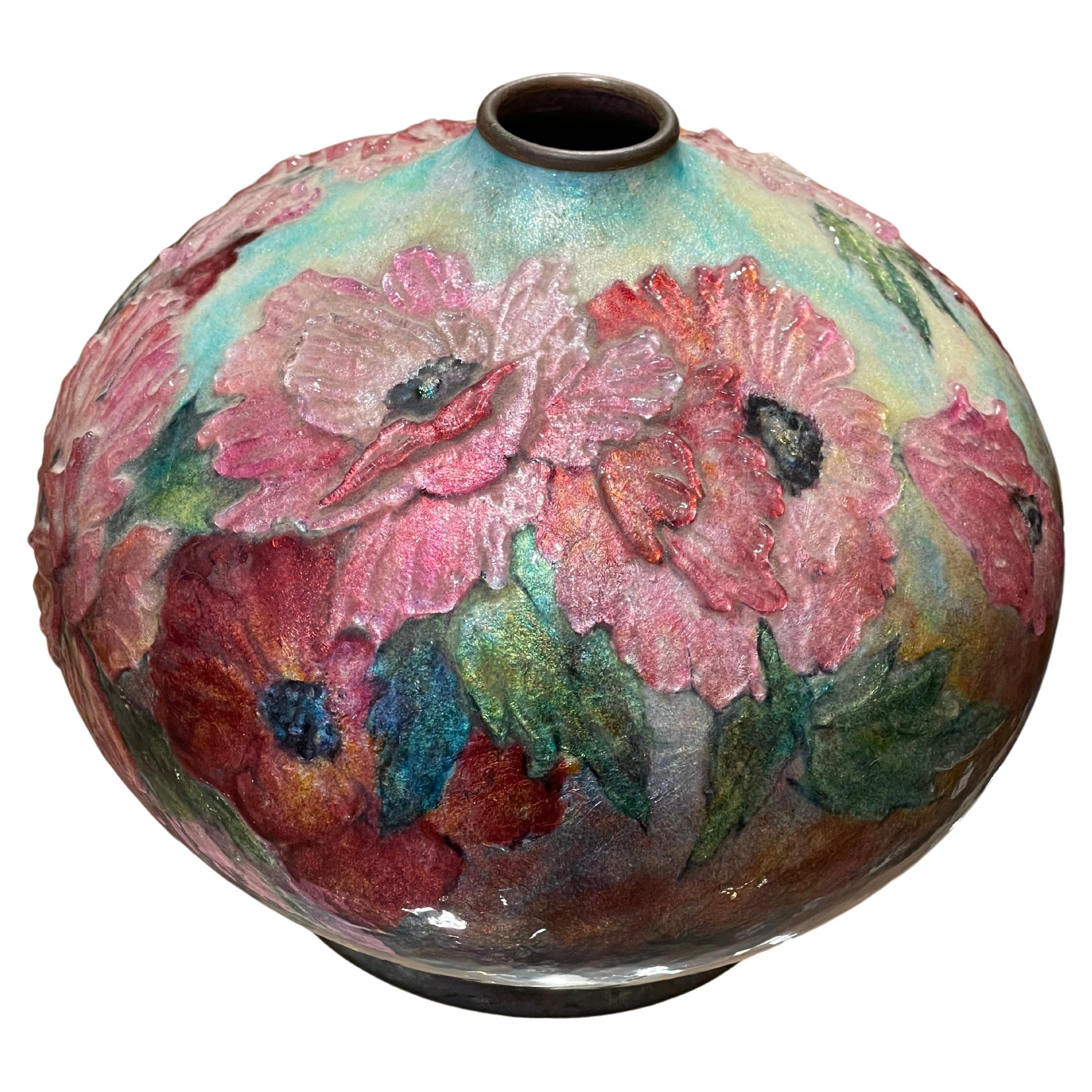 Camille FAURE (1874-1956), Beautiful ball shaped vase poppy-decorated For Sale