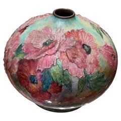 Antique Camille FAURE (1874-1956), Beautiful ball shaped vase poppy-decorated