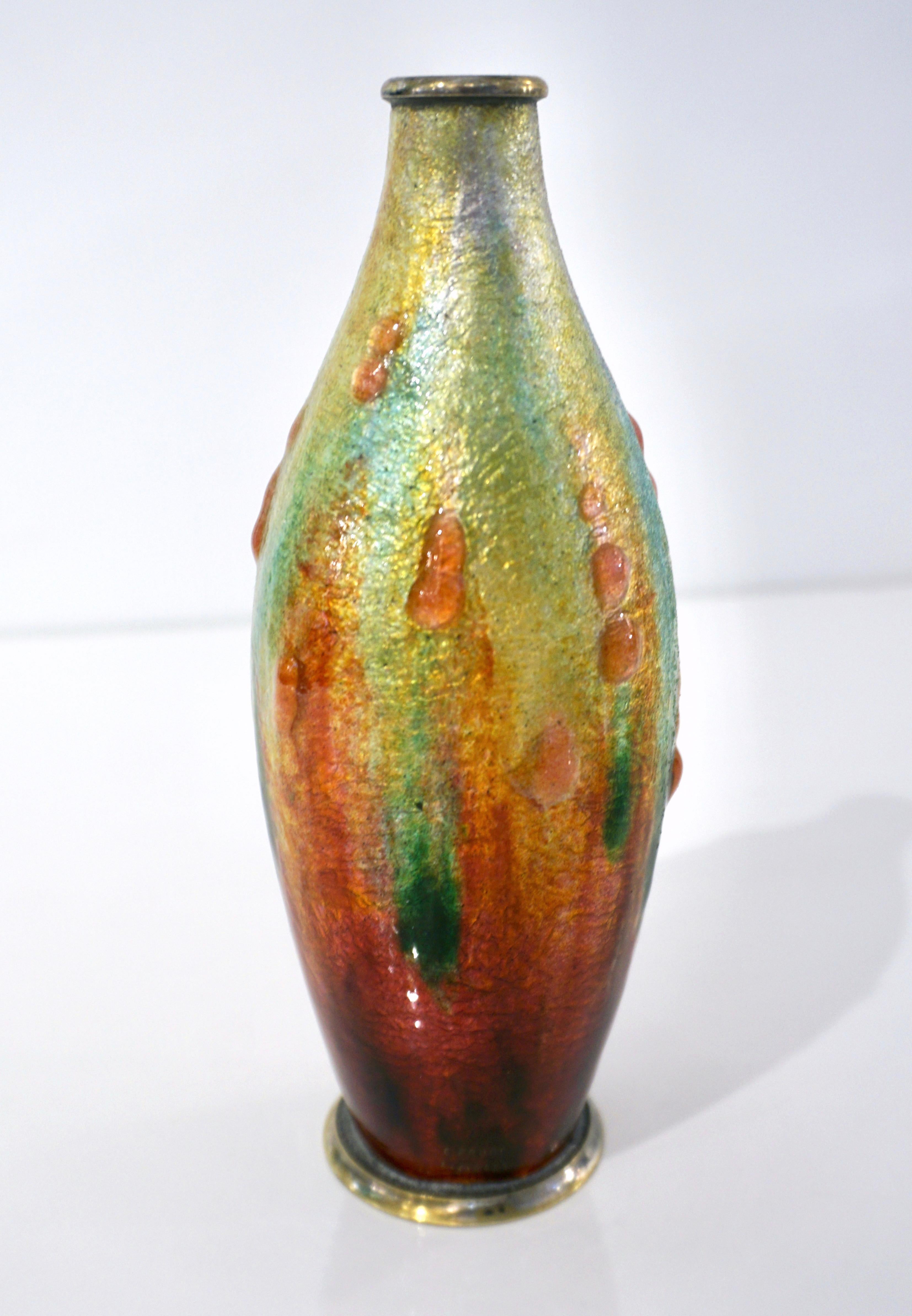 Camille Faure Art Nouveau French Limoges Yellow Green Red Enamels Copper Vase For Sale 3